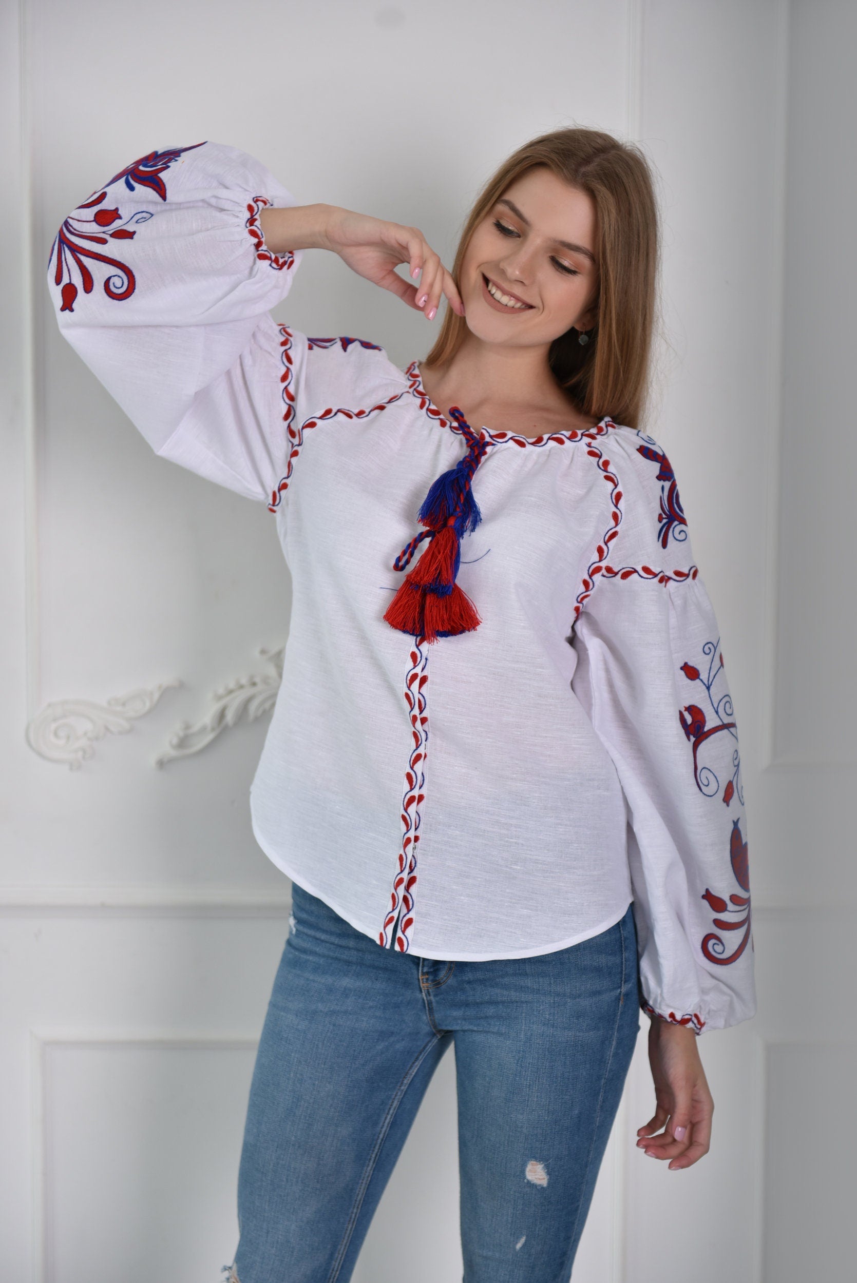 White Embroidered Linen Ukrainian Vyshyvanka Blouse - Folk Easter Style
