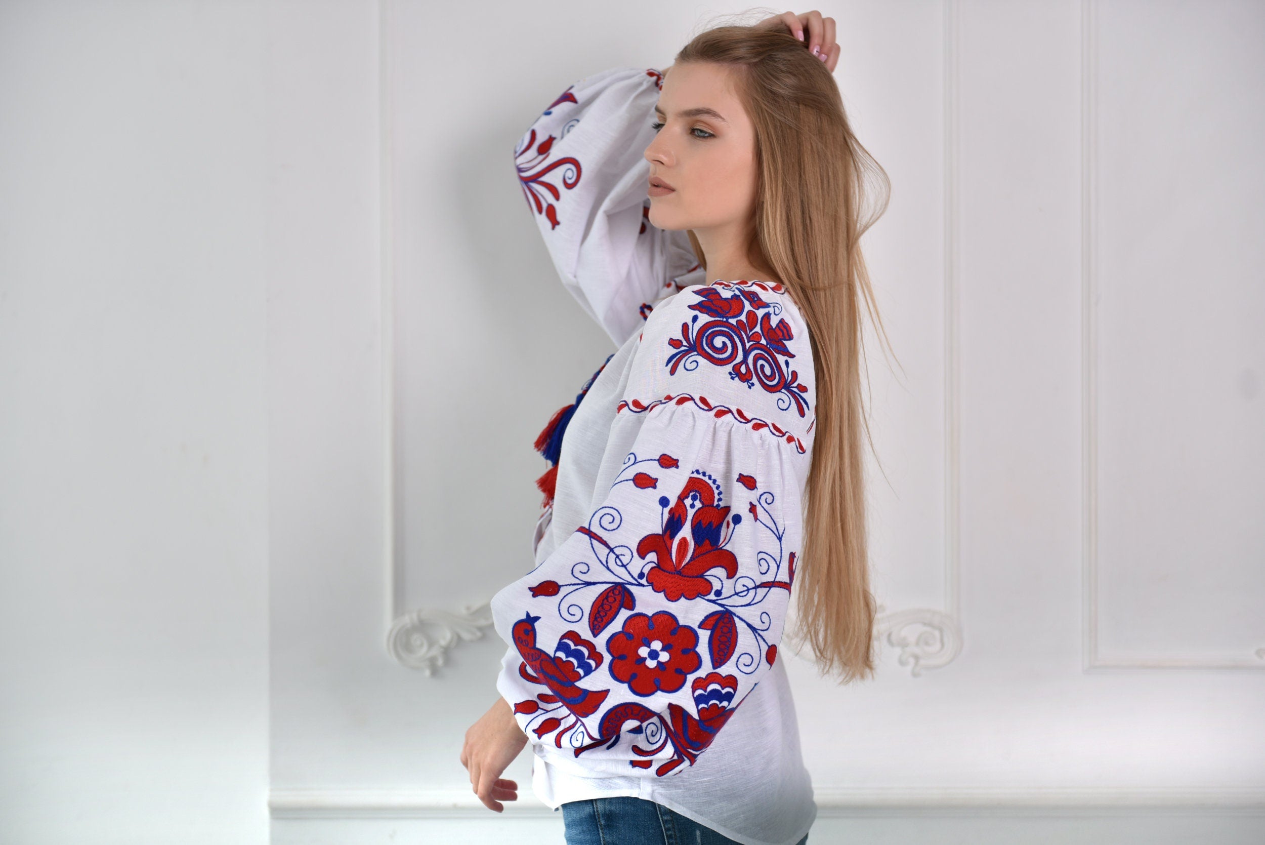 White Embroidered Linen Ukrainian Vyshyvanka Blouse - Folk Easter Style
