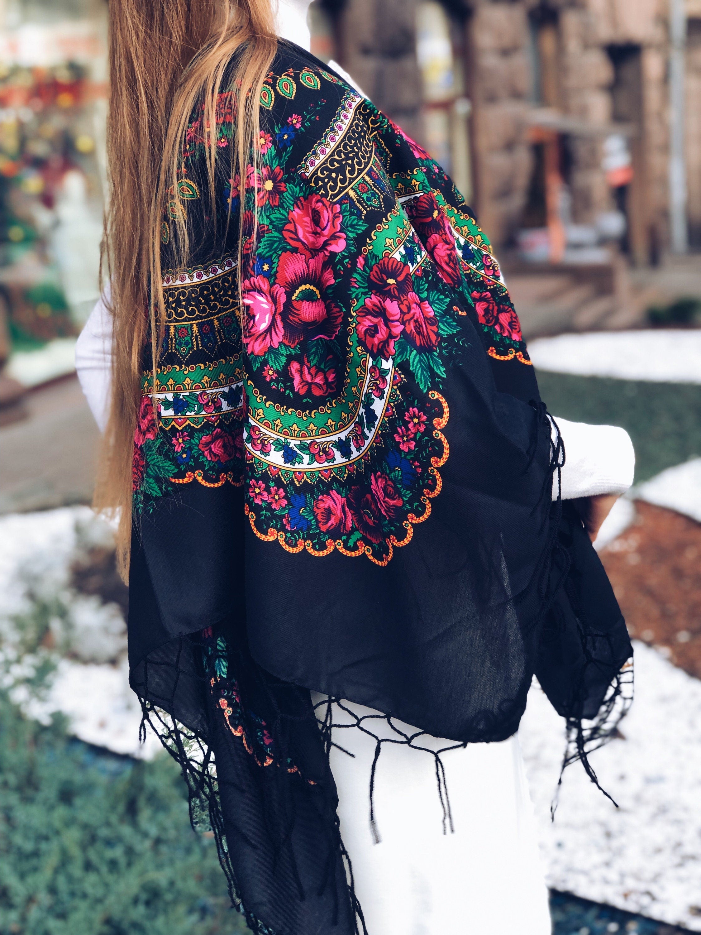 Traditional Ukrainian Wool Shawl - Bohemian Ethnic Scarf for Mom