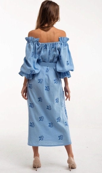 Blue Embroidered Dress Linen Ukrainian Vyshyvanka for Women