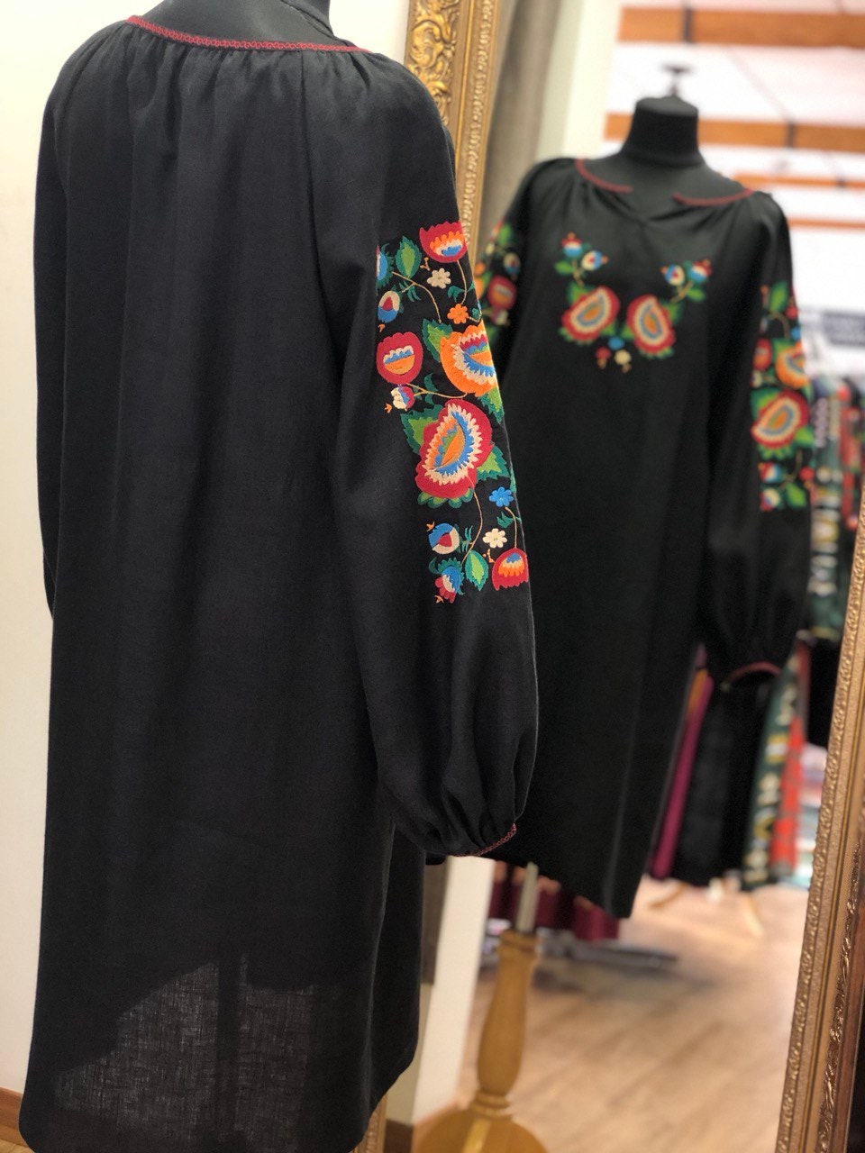 Ukrainian Vyshyvanka Linen Dress - Black Embroidered Folk Wear for Women