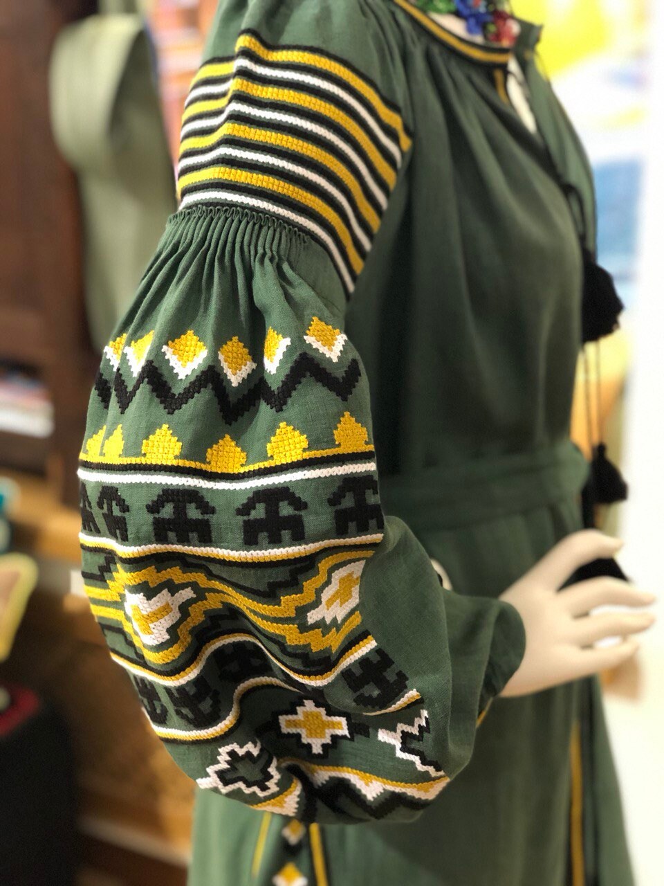 Ukrainian Vyshyvanka Linen Embroidered Green Dress for Women