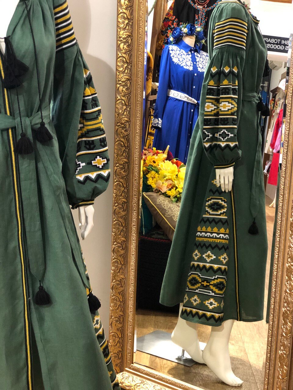 Ukrainian Vyshyvanka Linen Embroidered Green Dress for Women