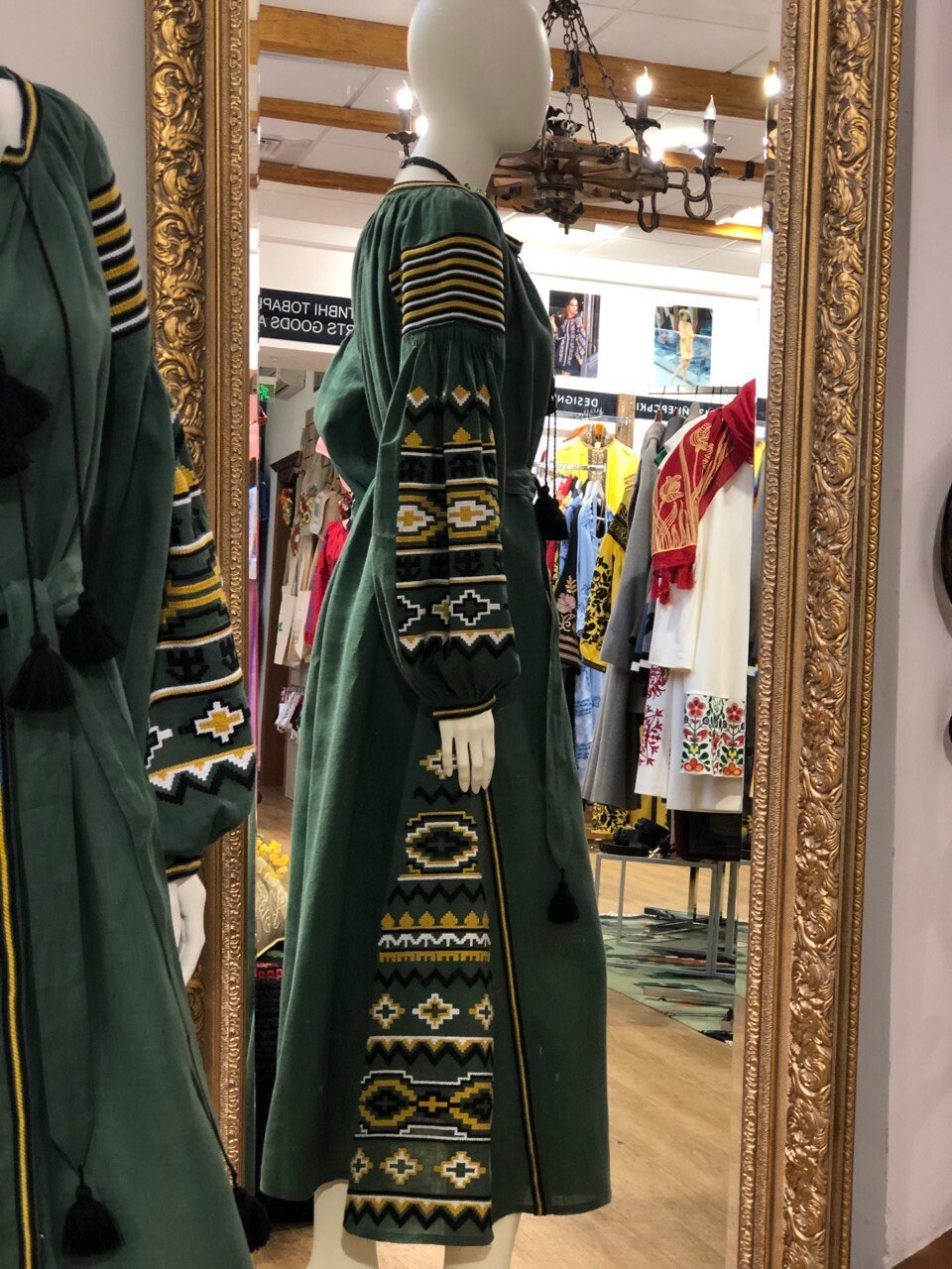 Ukrainian Vyshyvanka Linen Embroidered Green Dress for Women