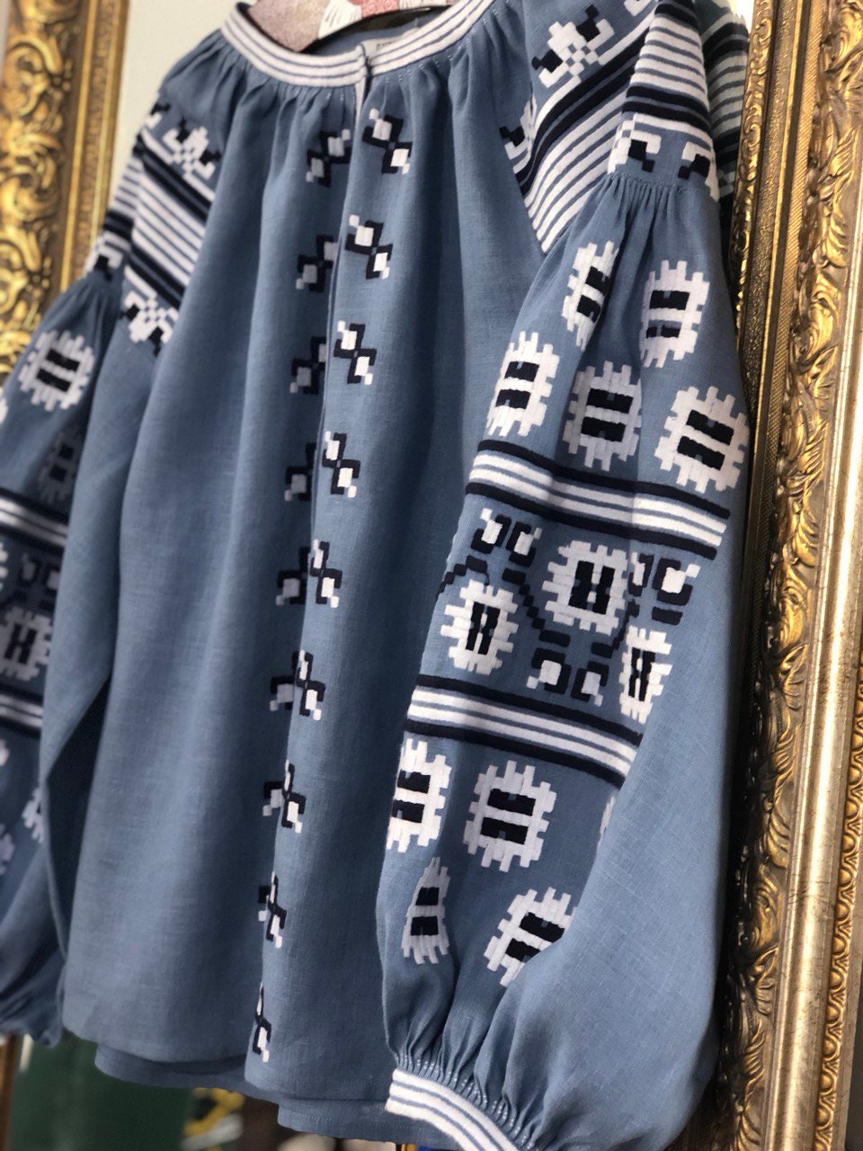 Ukrainian Vyshyvanka Blue Linen Embroidered Boho Blouse for Women