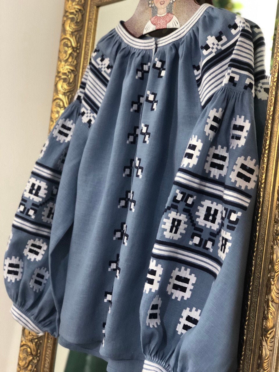 Ukrainian Vyshyvanka Blue Linen Embroidered Boho Blouse for Women