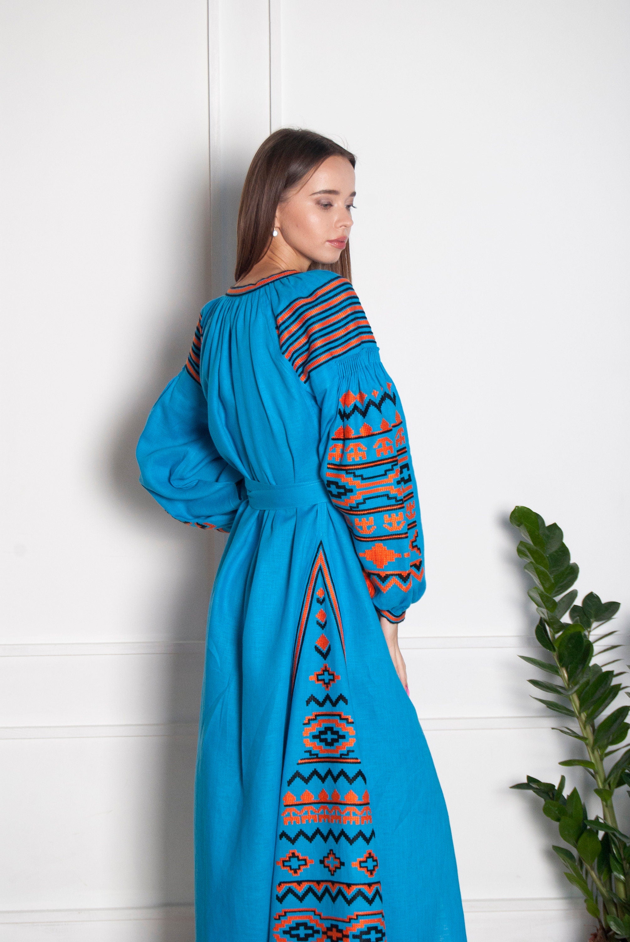 Embroidered Blue Linen Ukrainian Vyshyvanka Dress - Boho Style for Women