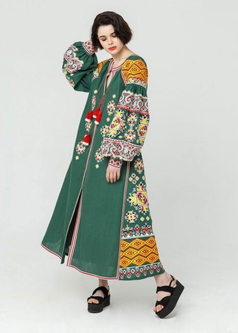 Ukrainian Embroidered Green Linen Boho Vyshyvanka Dress