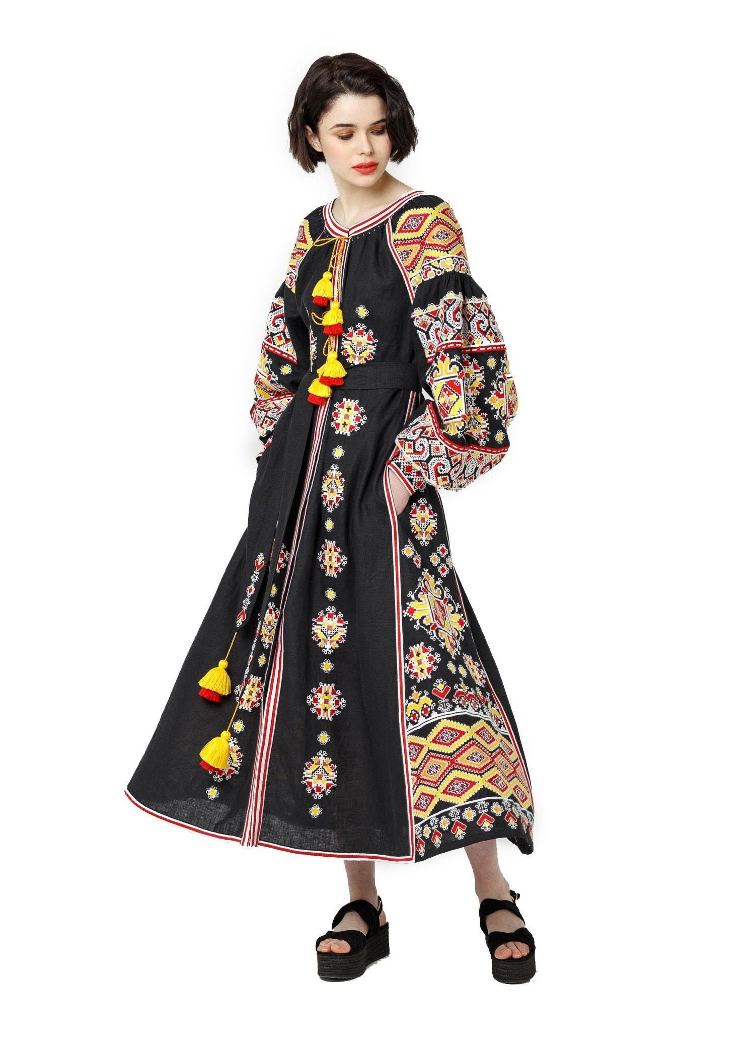 Linen Black Embroidered Ukrainian Vyshyvanka Dress - Boho Style