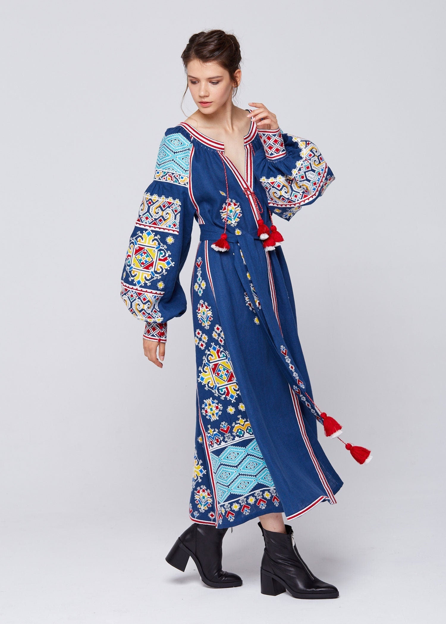 Linen Blue Embroidered Vyshyvanka Dress for Women