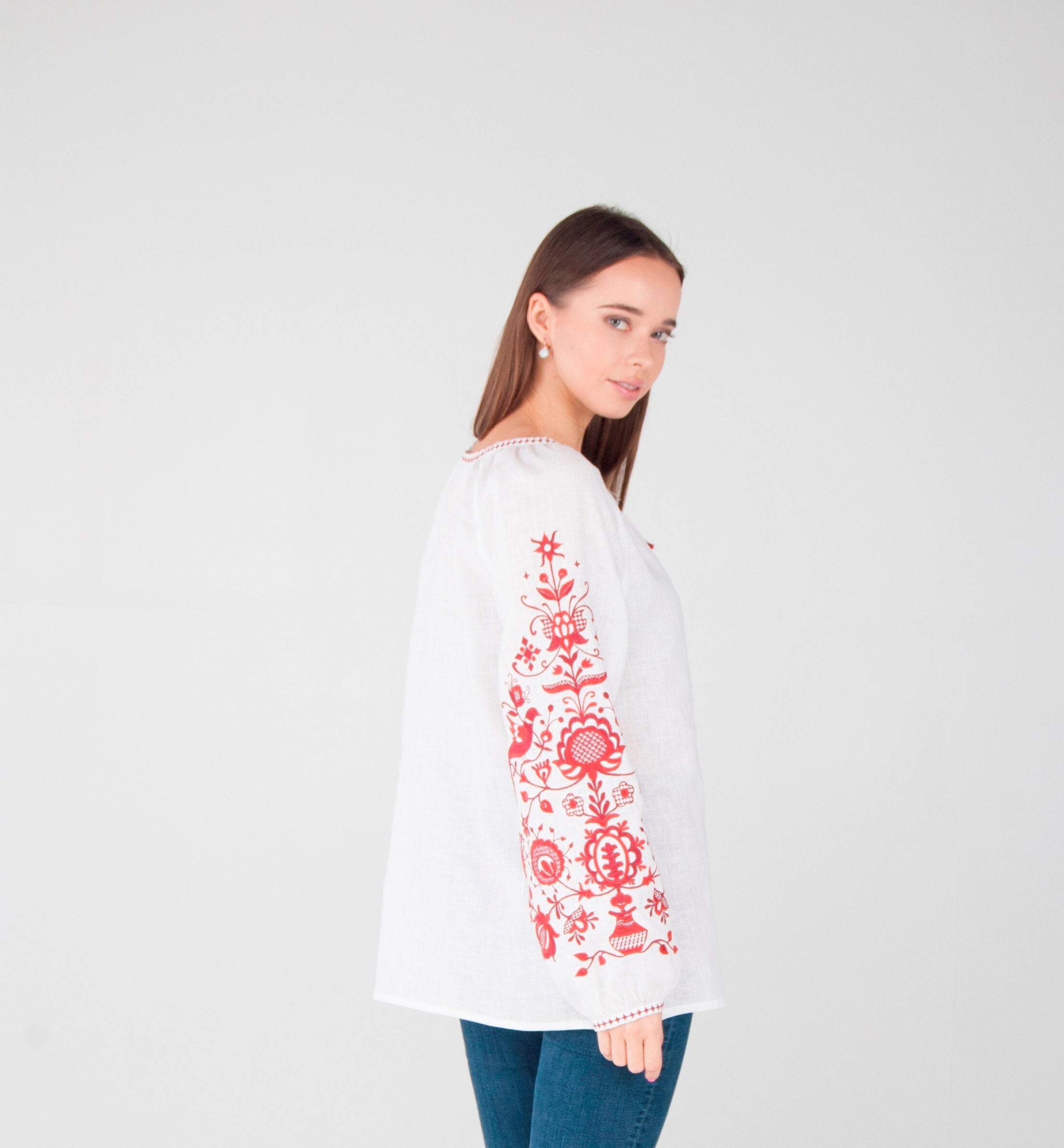 Embroidered Ukrainian Vyshyvanka Blouse - Tree of Life White Linen Shirt for Women