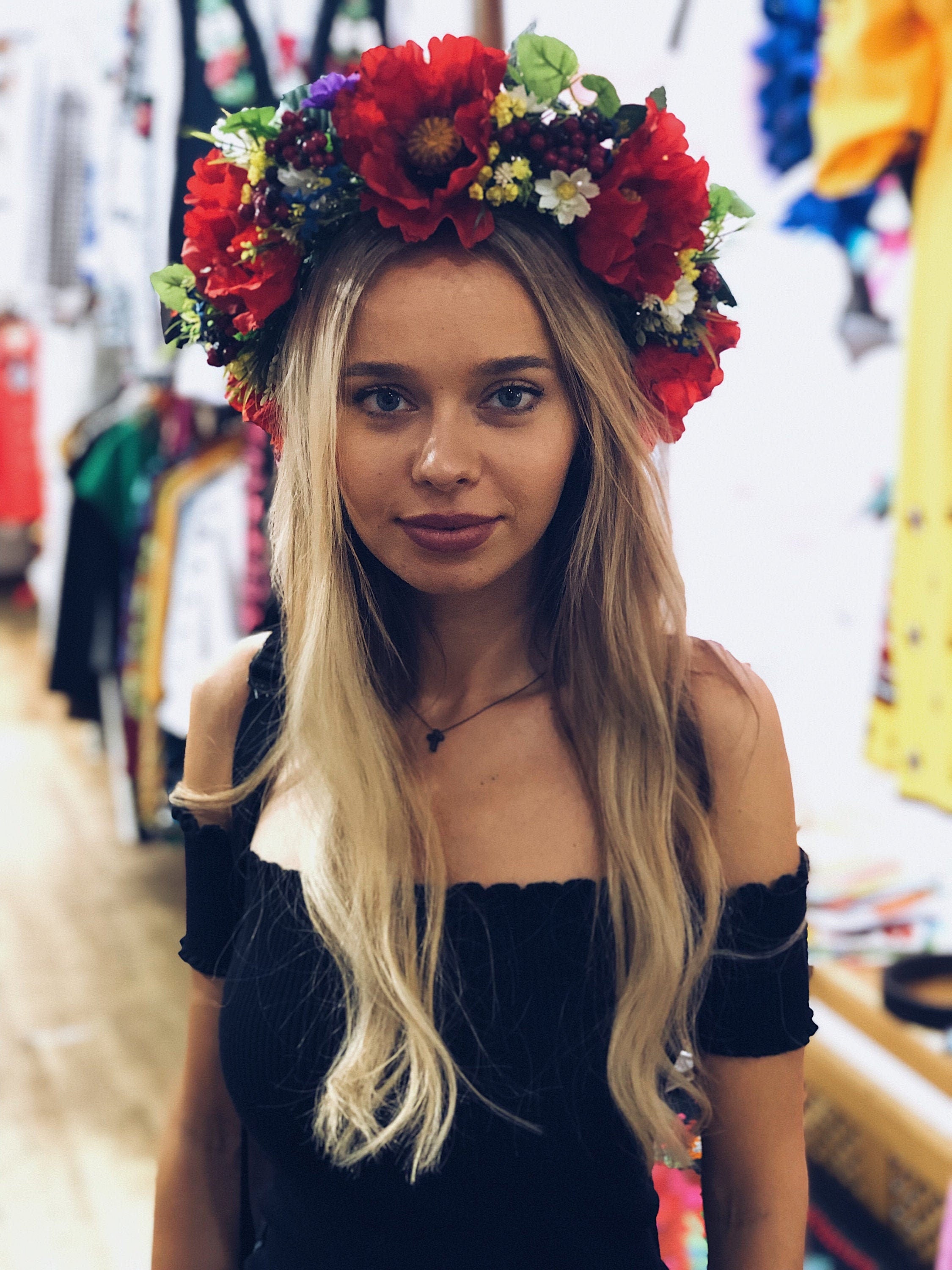 Colorful Floral Headdress with Ribbons - Red Wedding Flower Crown