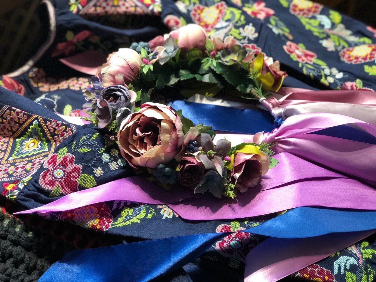 Colorful Floral Headdress with Ribbons - Pink and Deep Purple Flower Crown for Weddings