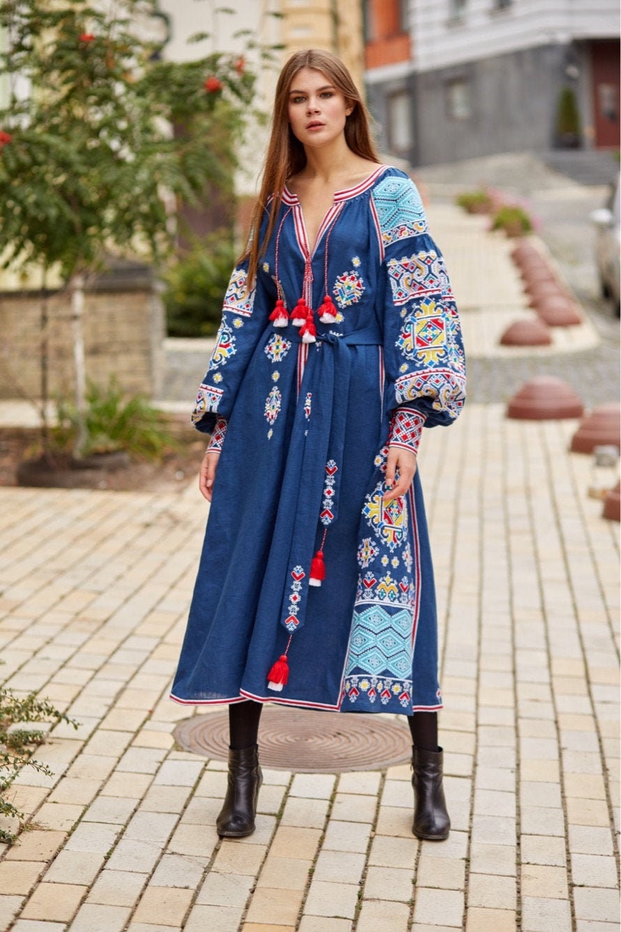 Ukrainian Embroidered Blue Boho Linen Dress for Women