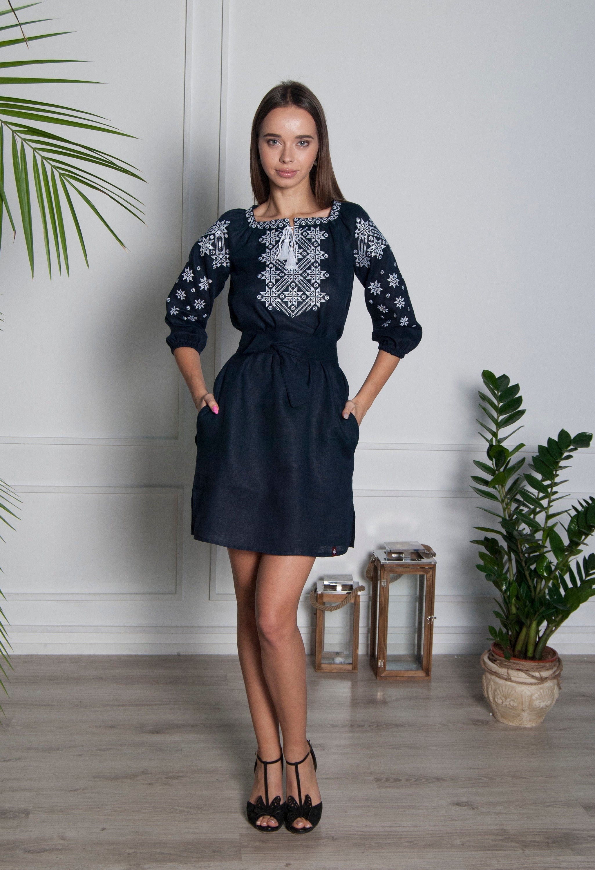 Blue Linen Embroidered Ukrainian Vyshyvanka Dress - Traditional Clothing for Women