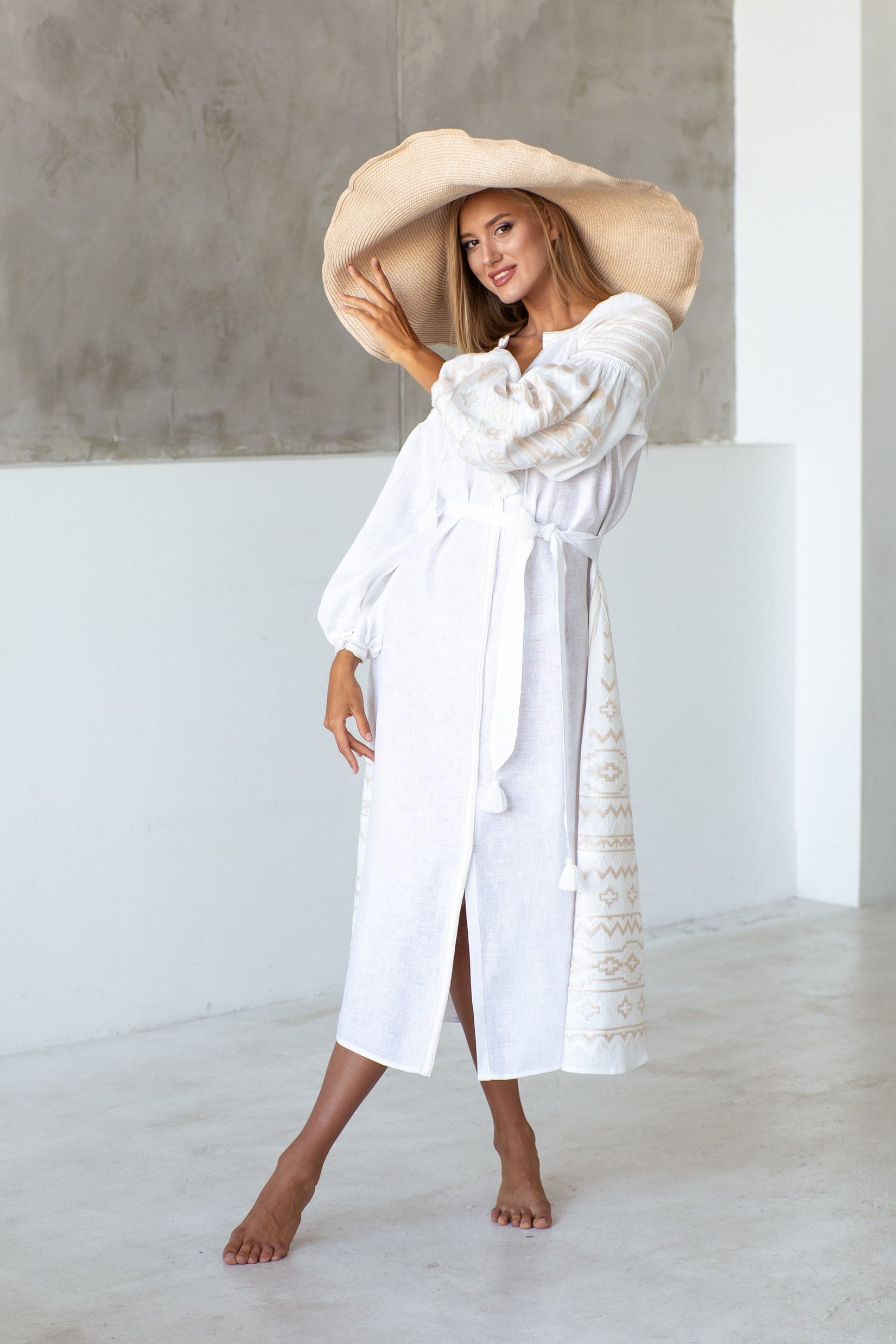 White Linen Embroidered Vyshyvanka Dress | Ukrainian Wedding Folk Dress