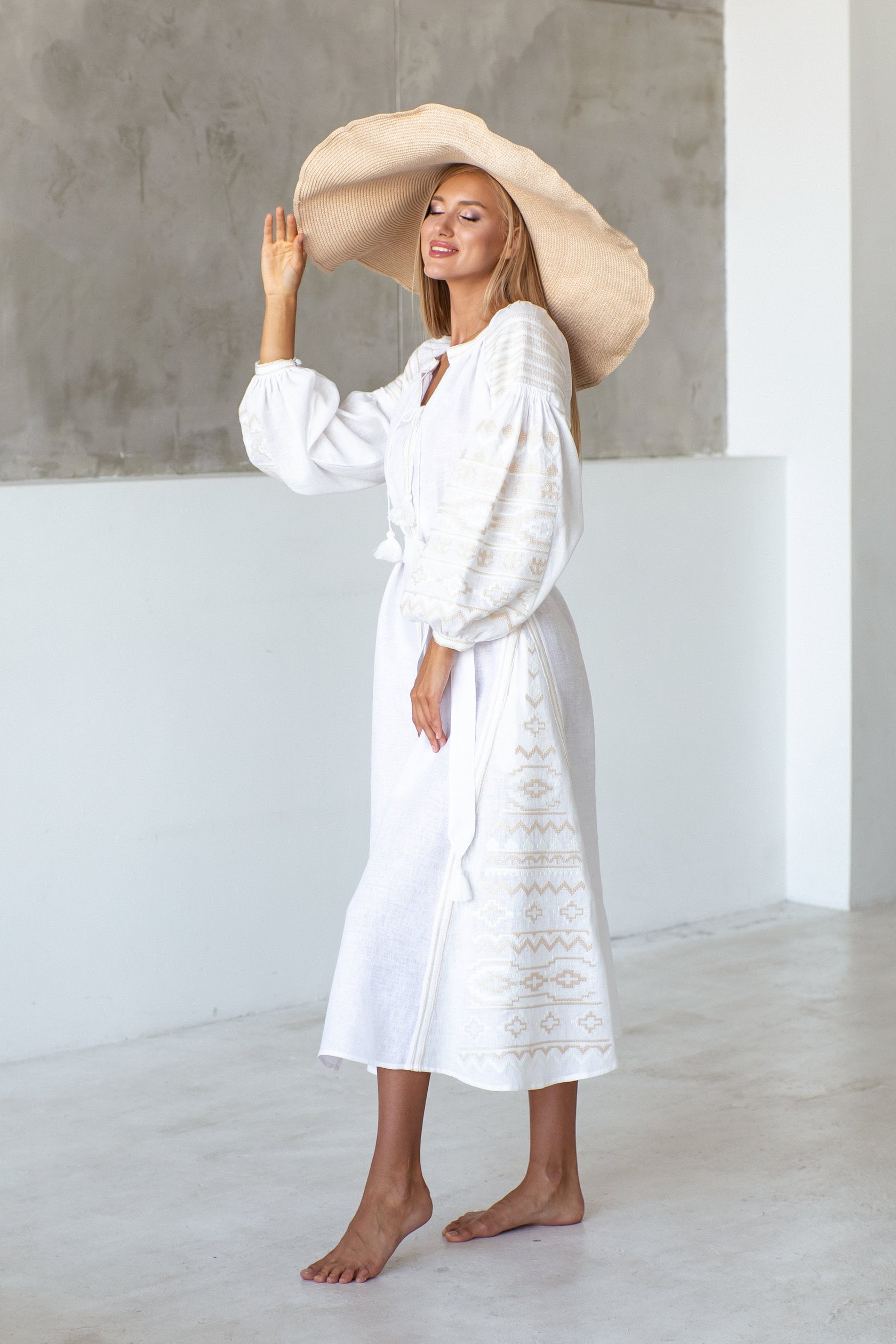 White Linen Embroidered Vyshyvanka Dress | Ukrainian Wedding Folk Dress