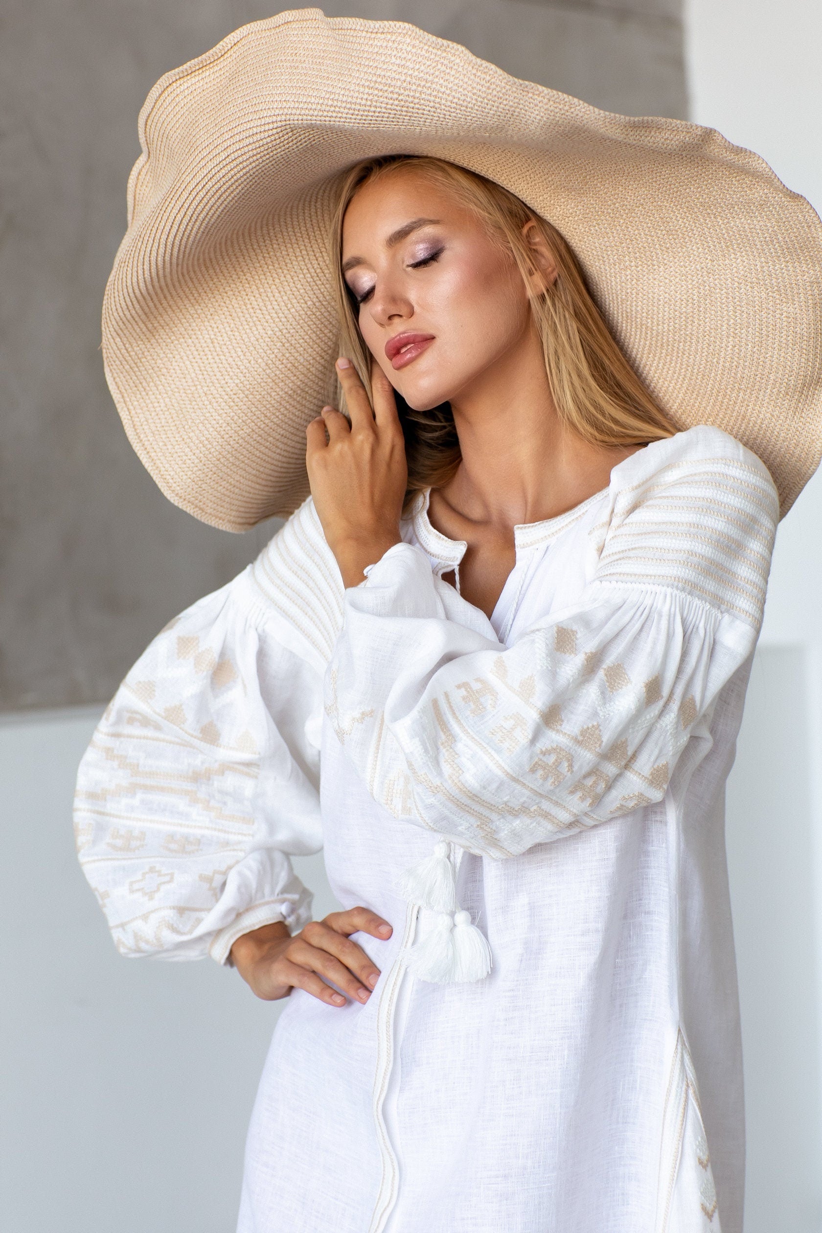 White Linen Embroidered Vyshyvanka Dress | Ukrainian Wedding Folk Dress