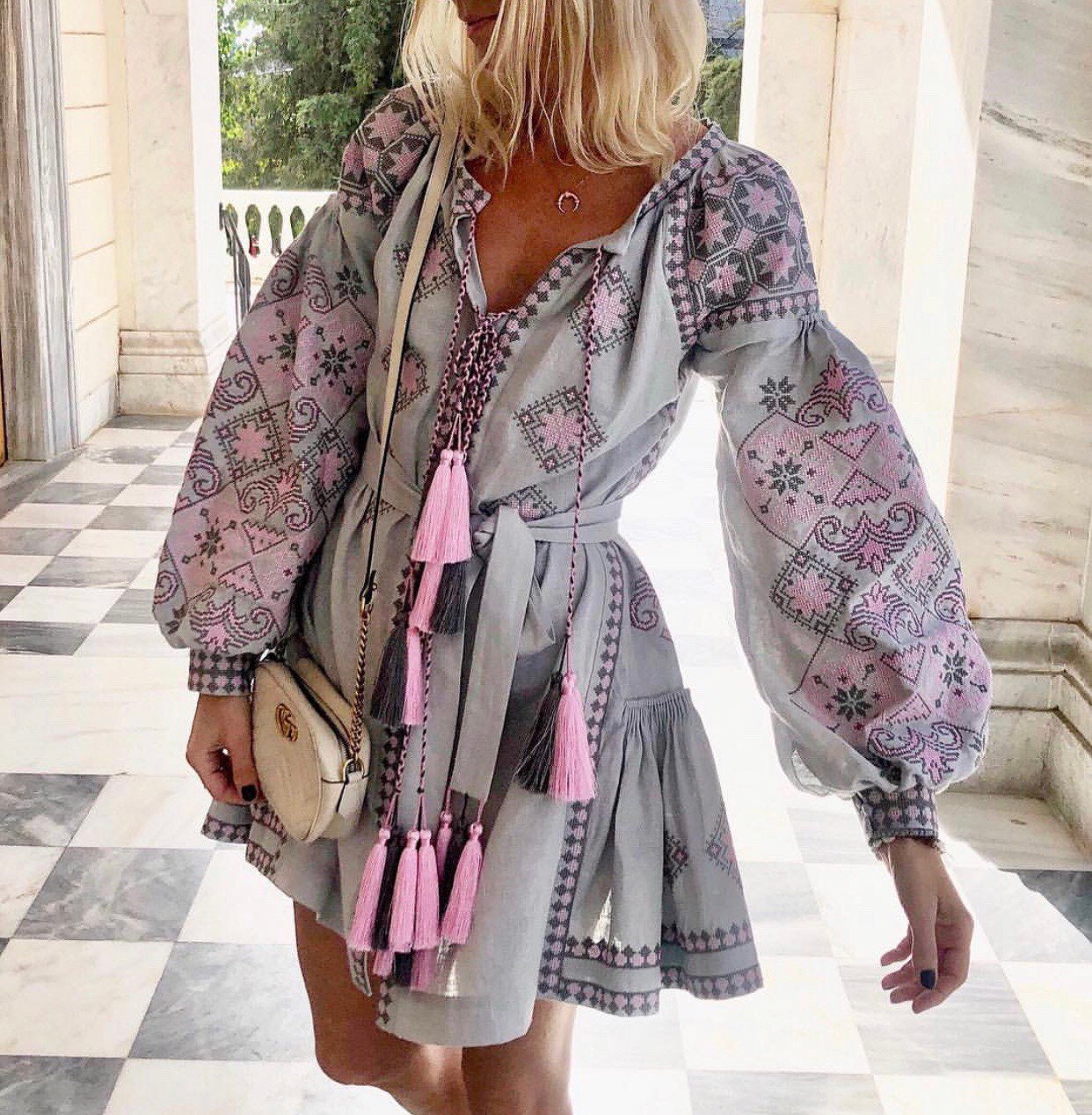 Gray Linen Ukrainian Vyshyvanka Embroidered Dress for Women