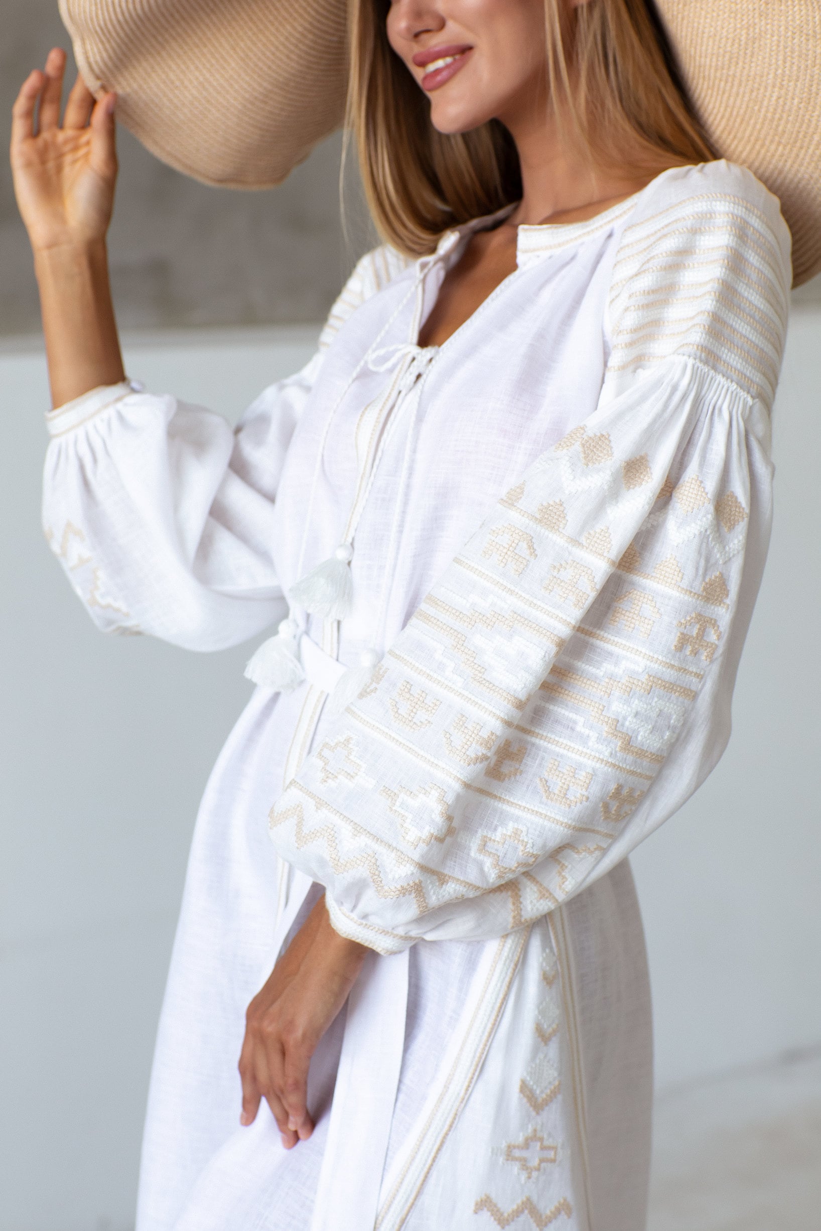 White Linen Embroidered Vyshyvanka Dress | Ukrainian Wedding Folk Dress