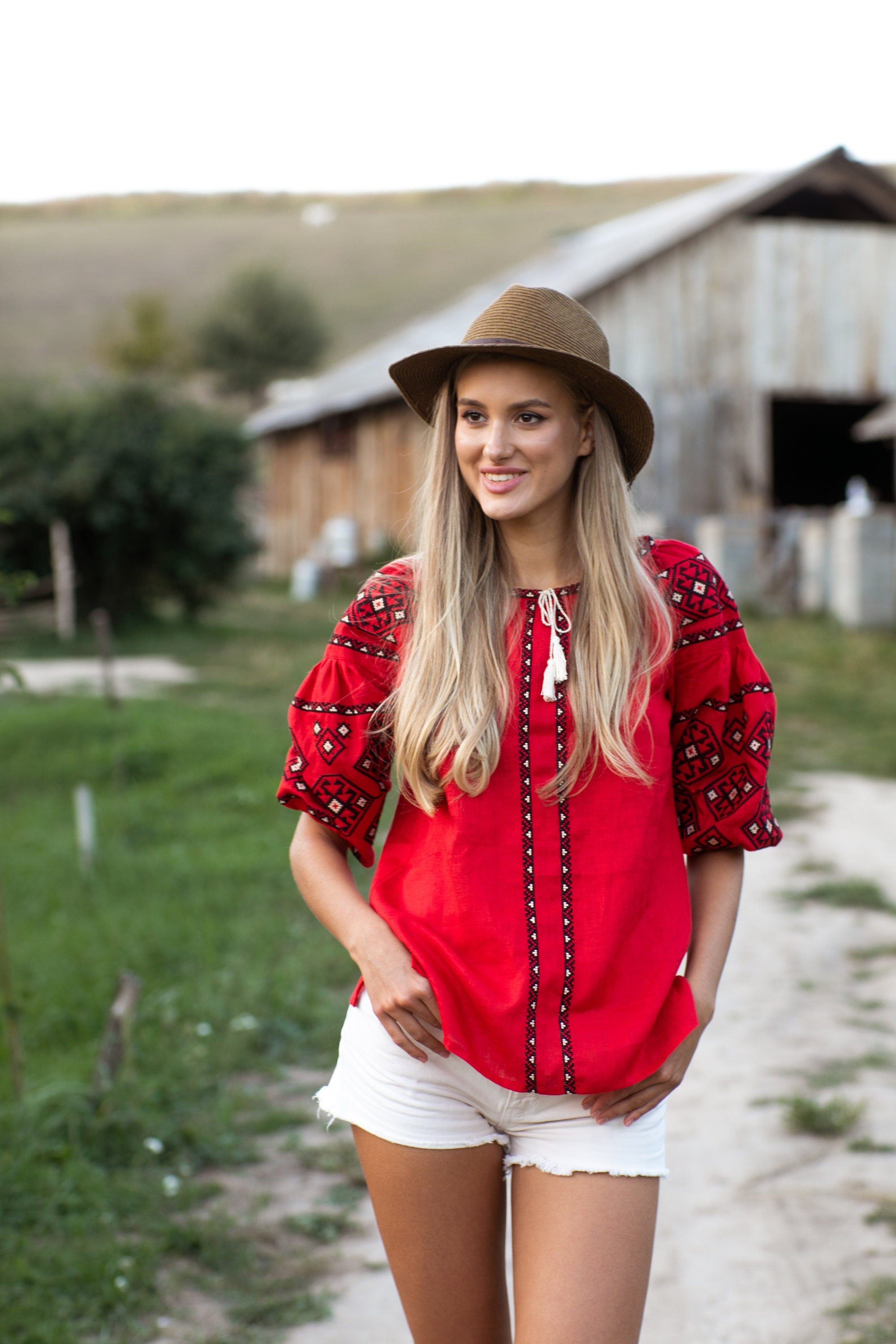 Red Embroidered Linen Vyshyvanka Blouse for Women