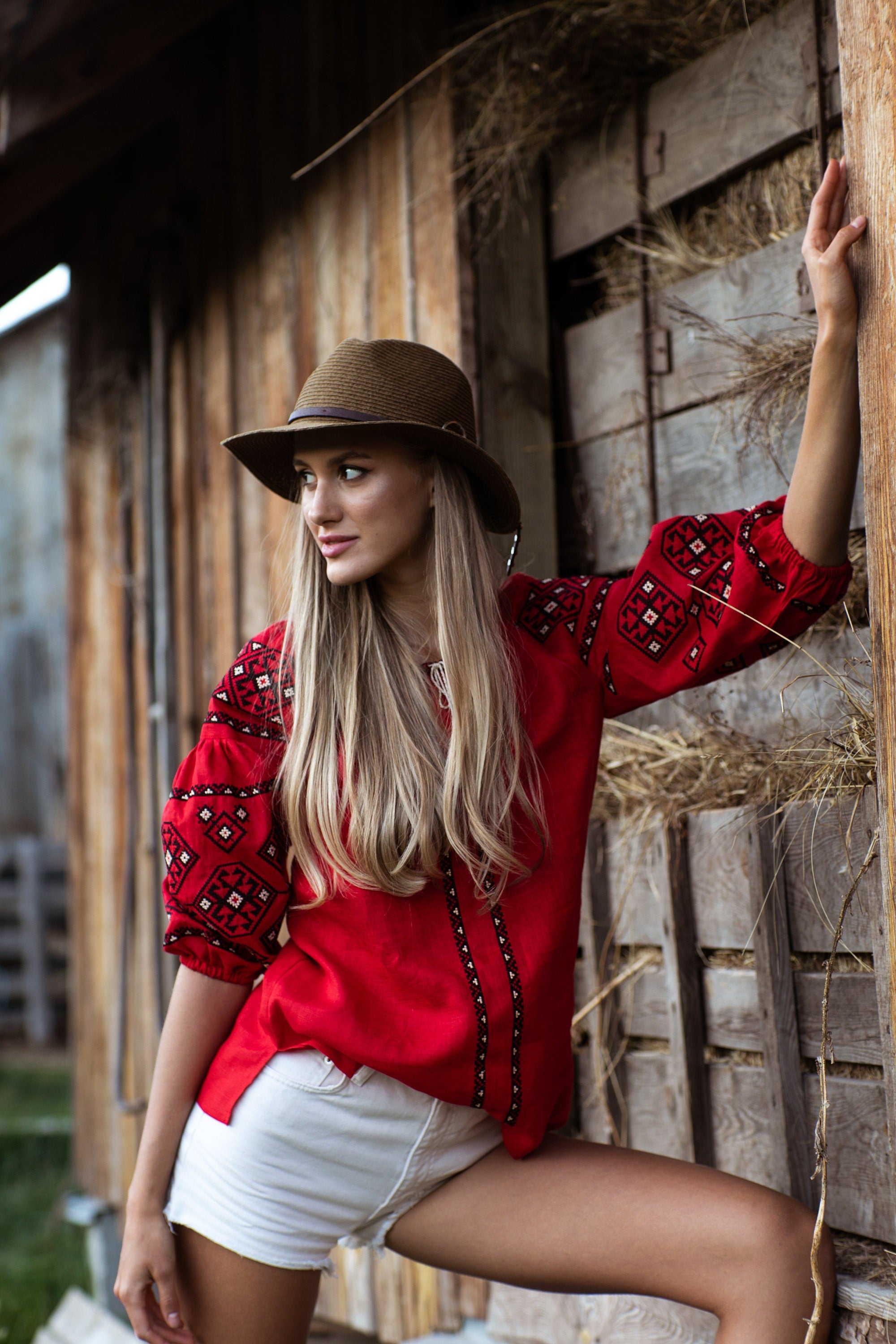 Red Embroidered Linen Vyshyvanka Blouse for Women