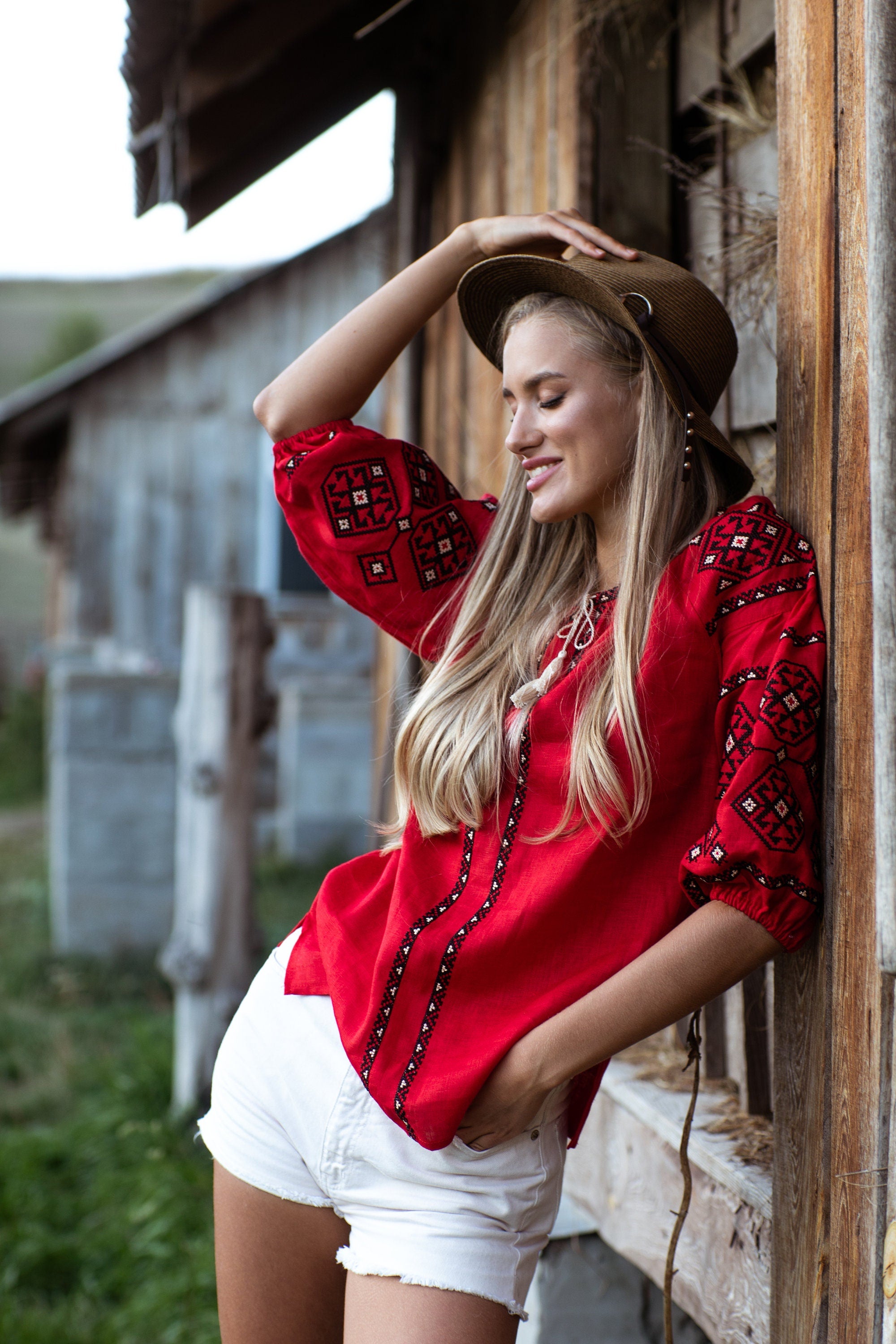 Red Embroidered Linen Vyshyvanka Blouse for Women