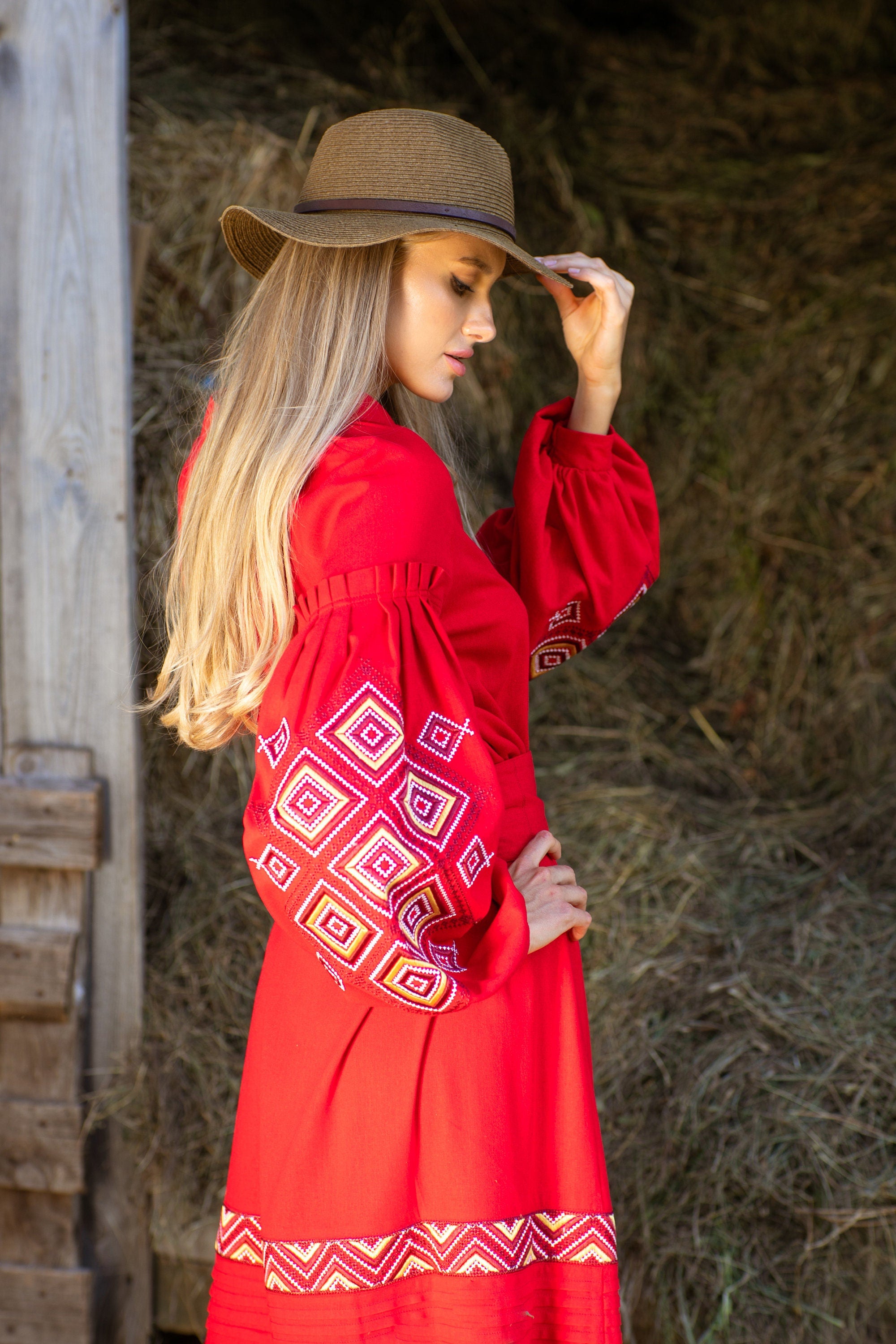 Embroidered Ukrainian Vyshyvanka Red Dress – Boho Style Traditional Dress