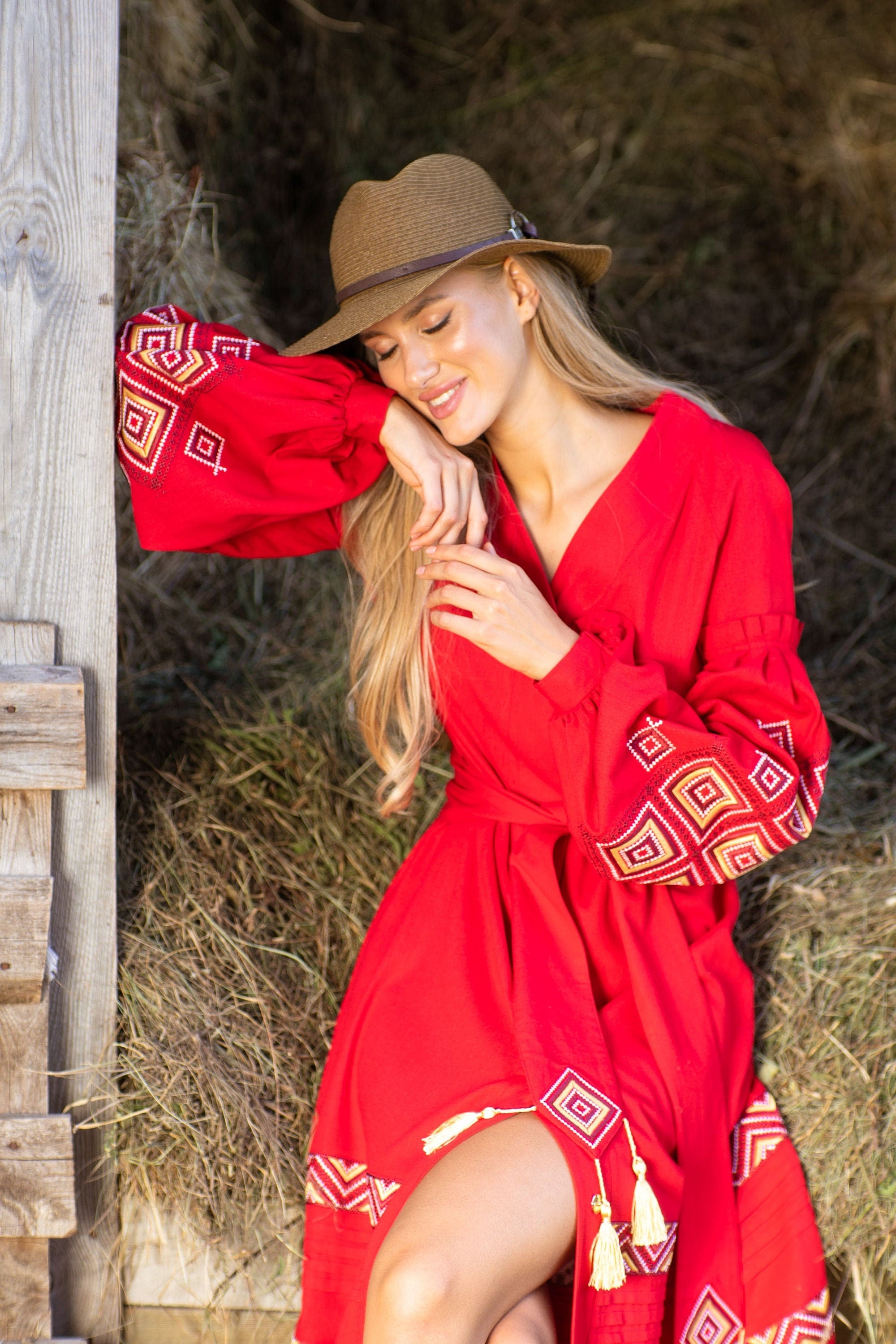 Embroidered Ukrainian Vyshyvanka Red Dress – Boho Style Traditional Dress