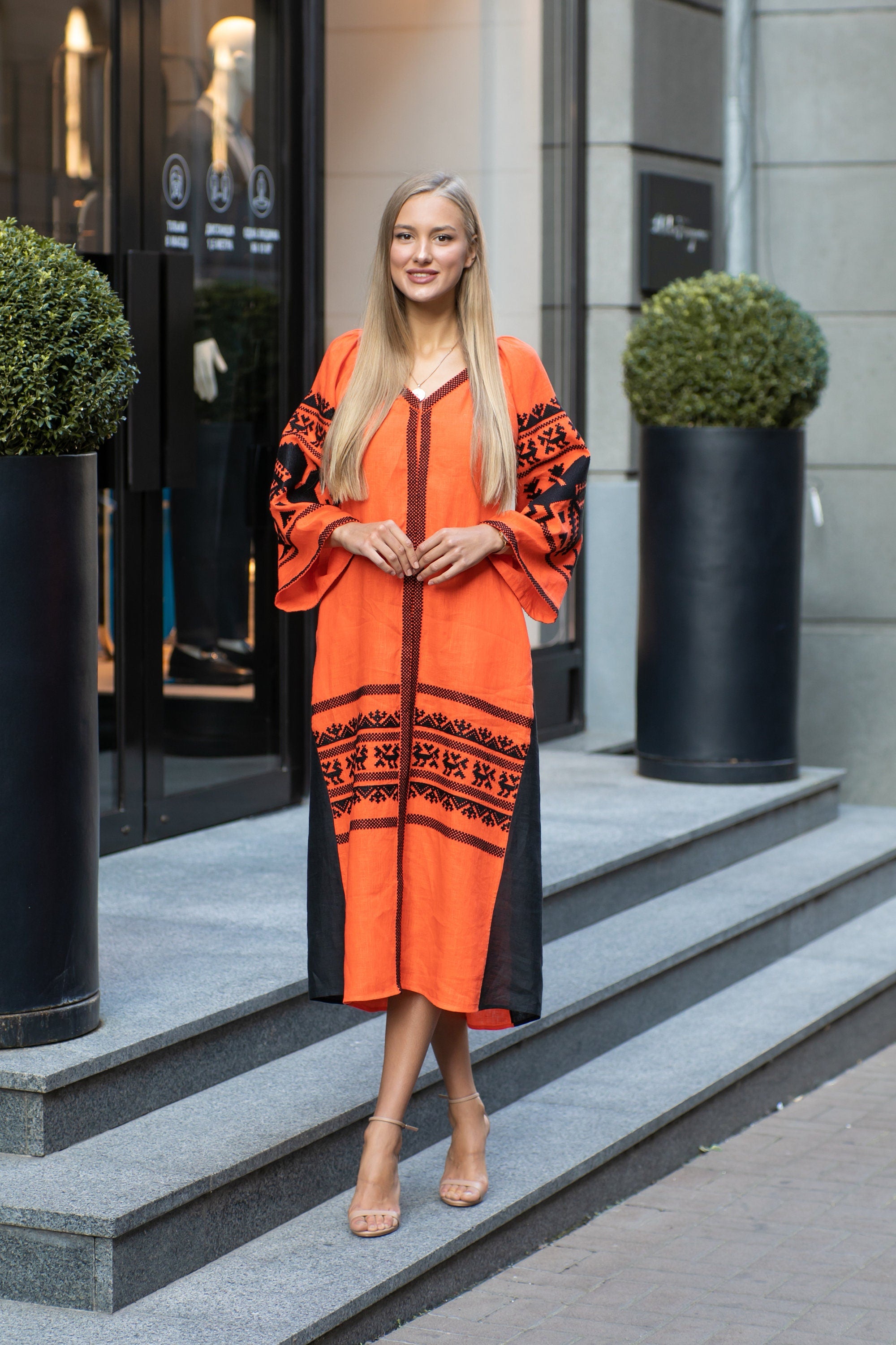 Orange Vyshyvanka Dress - Ukrainian Embroidered Linen for Women
