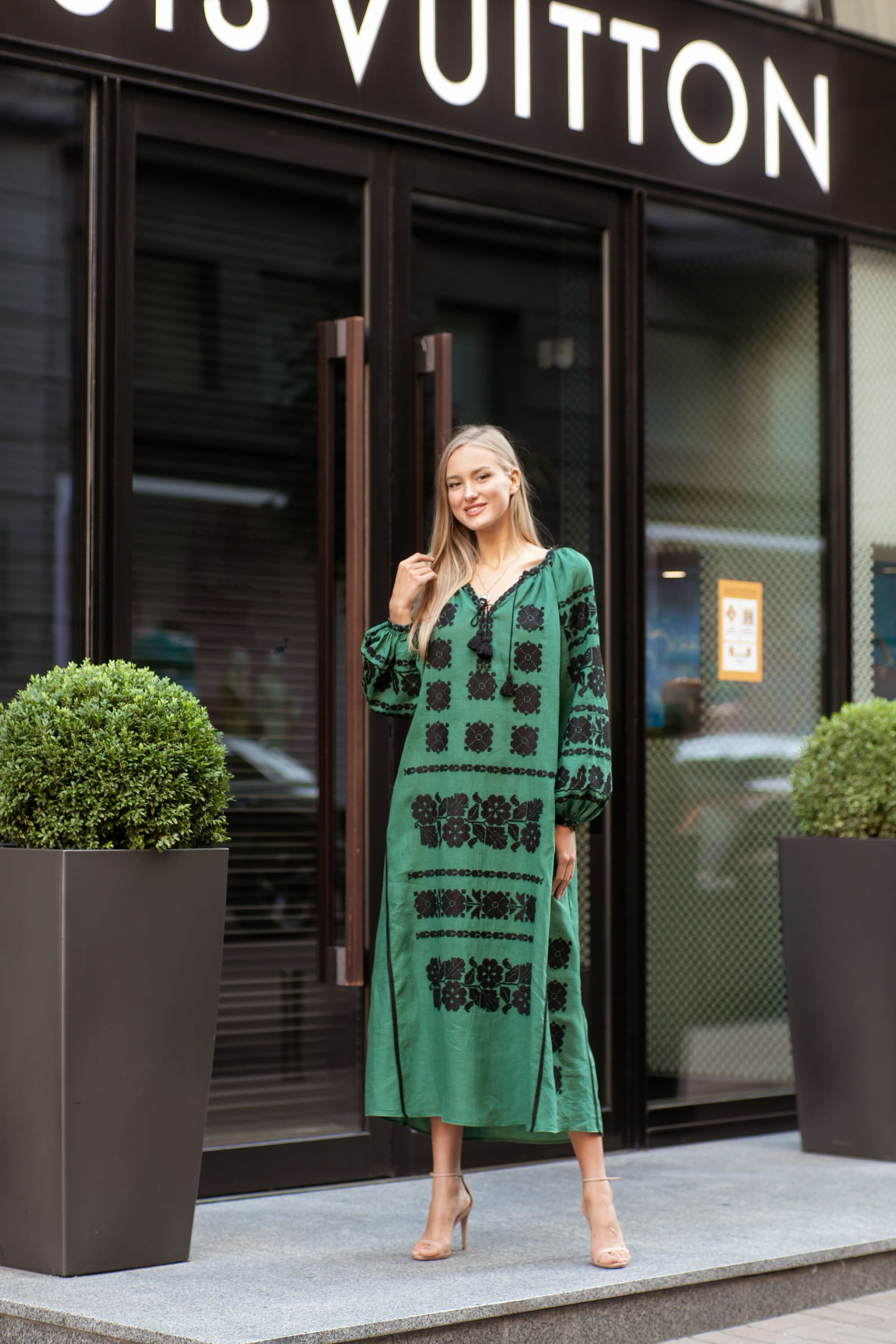 Green Embroidered Linen Vyshyvanka Dress - Ukrainian Folk Style for Women