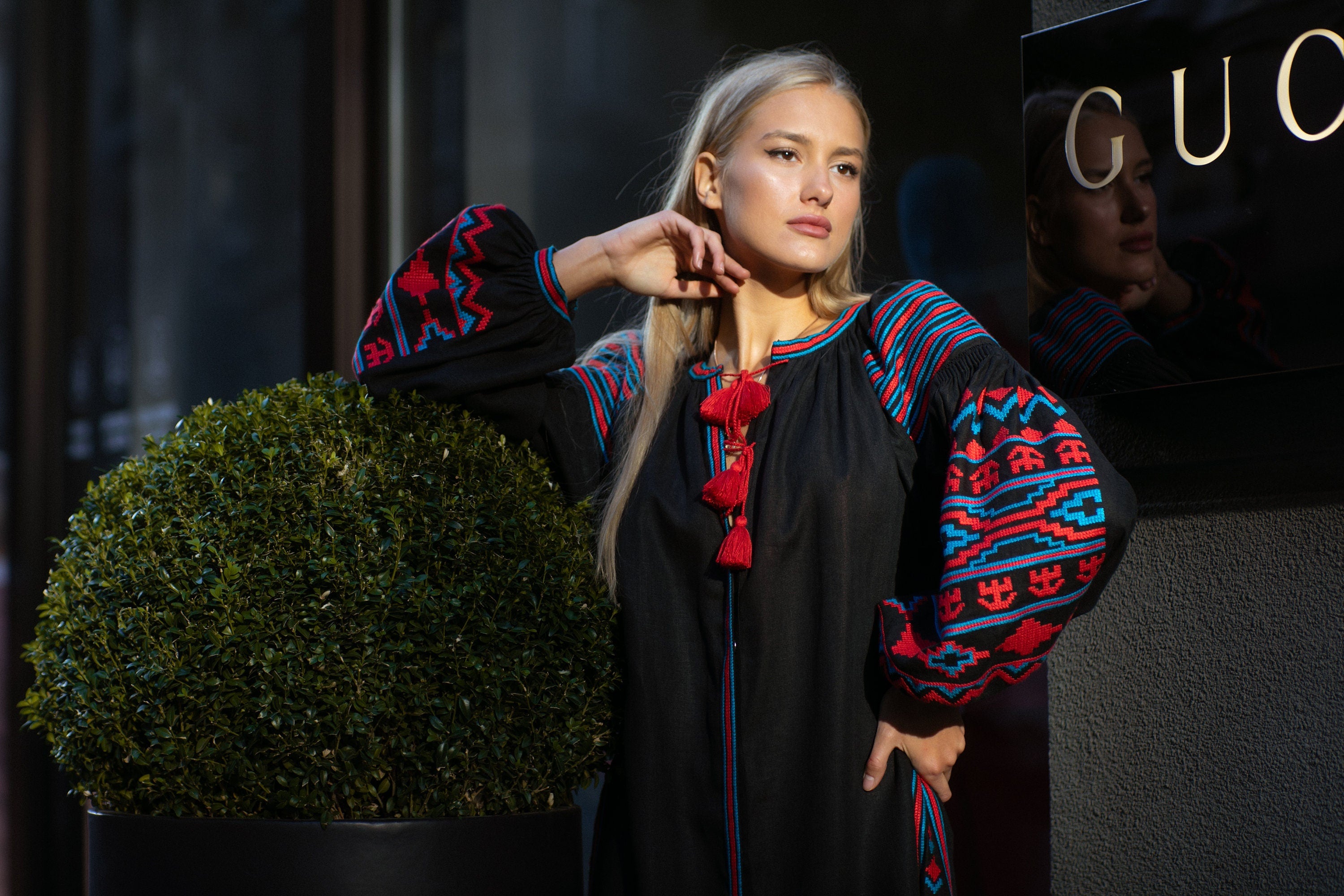 Embroidered Black Linen Abaya Dress - Ukrainian Folk Kaftan for Women