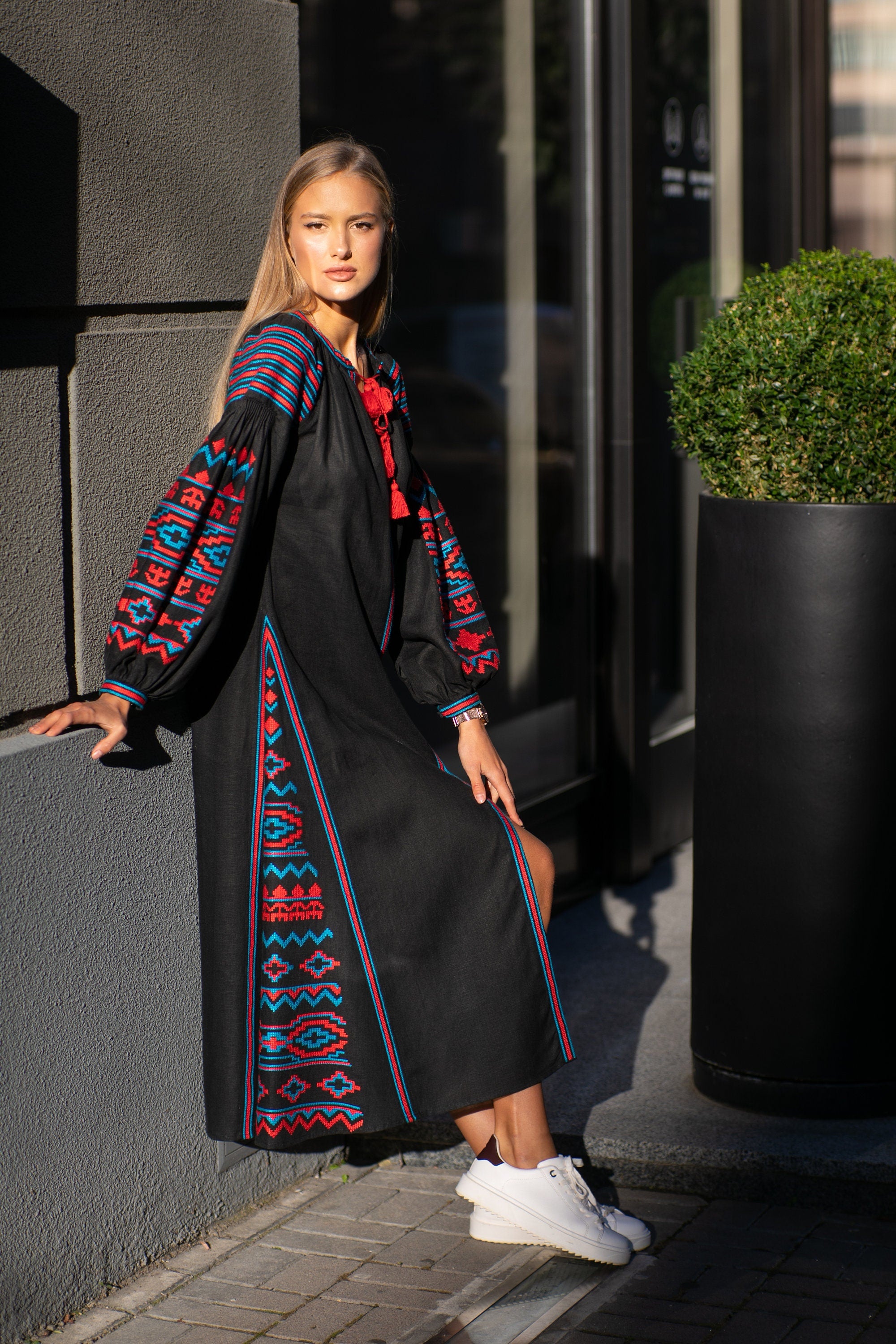 Embroidered Black Linen Abaya Dress - Ukrainian Folk Kaftan for Women
