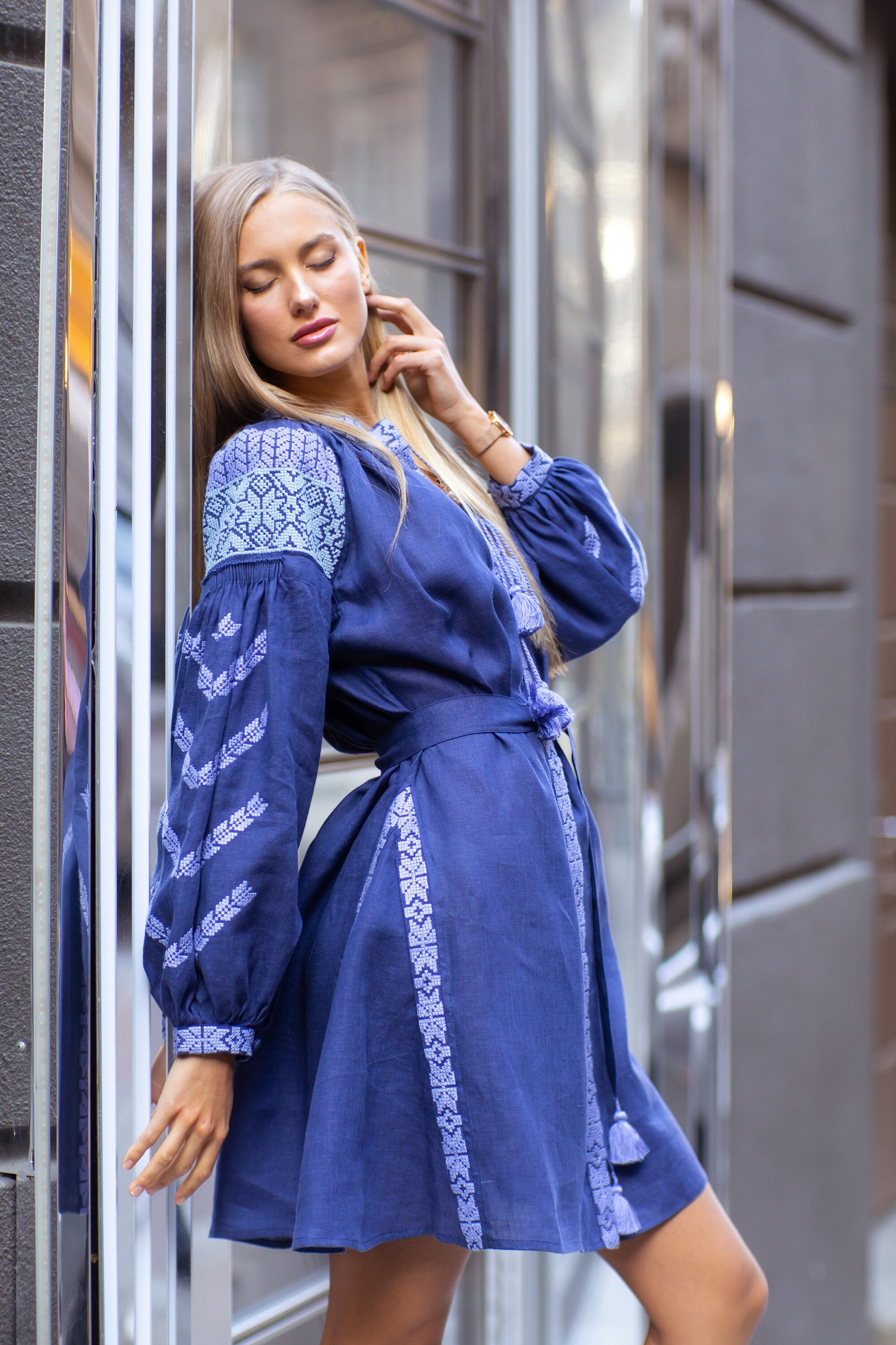 Blue Embroidered Linen Vyshyvanka Dress - Ukrainian Folk Style
