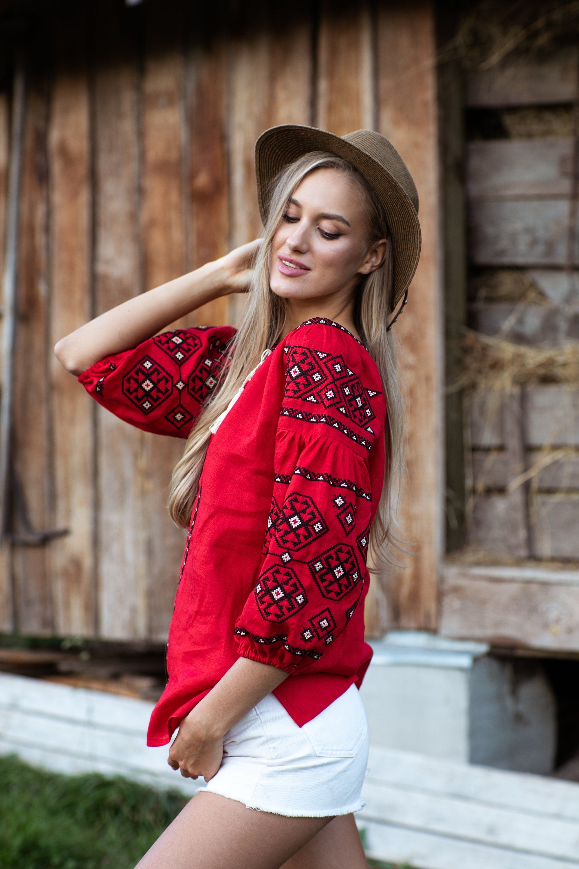 Red Embroidered Linen Vyshyvanka Blouse for Women - Spring Style