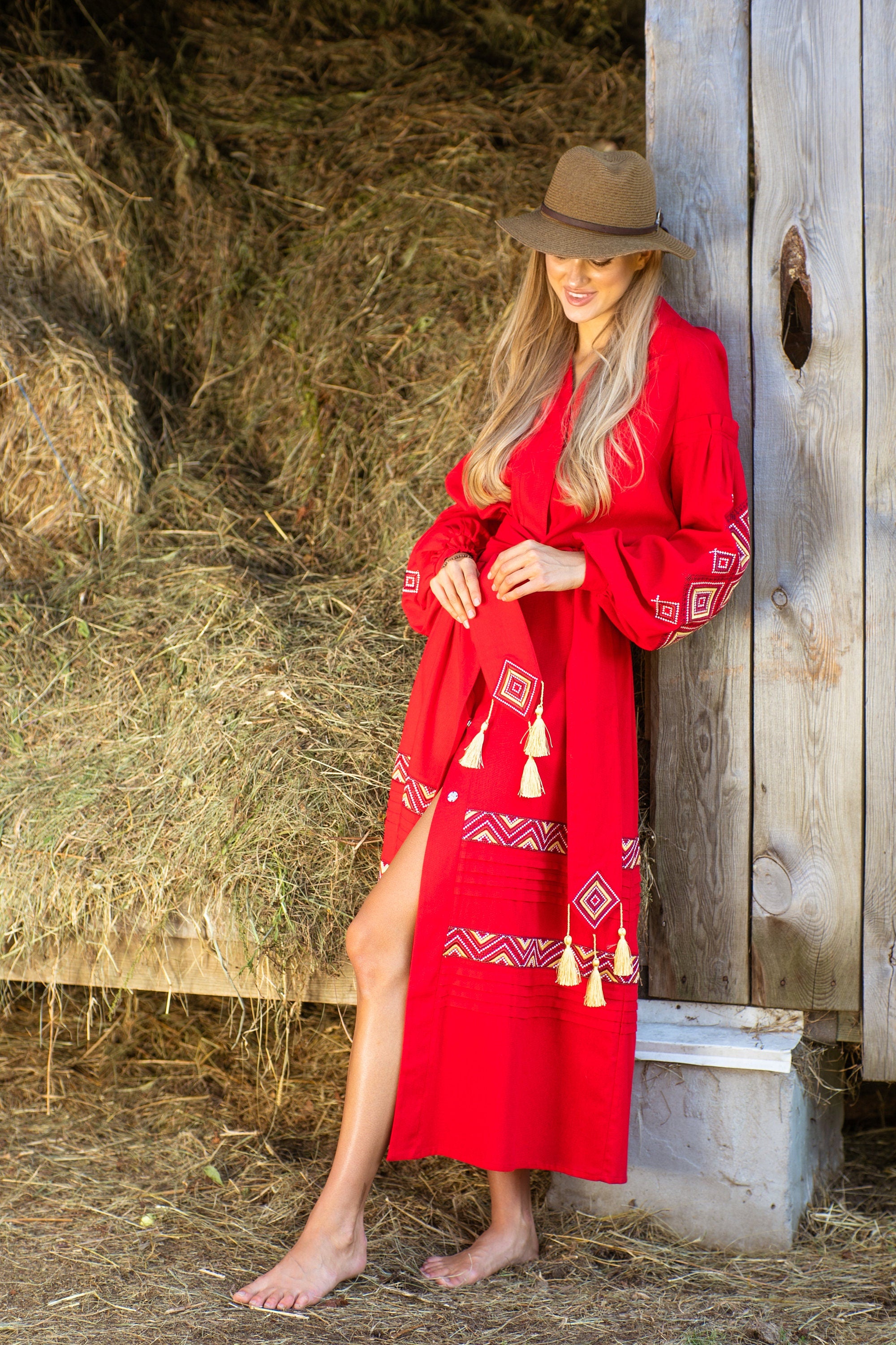 Embroidered Ukrainian Vyshyvanka Red Dress – Boho Style Traditional Dress