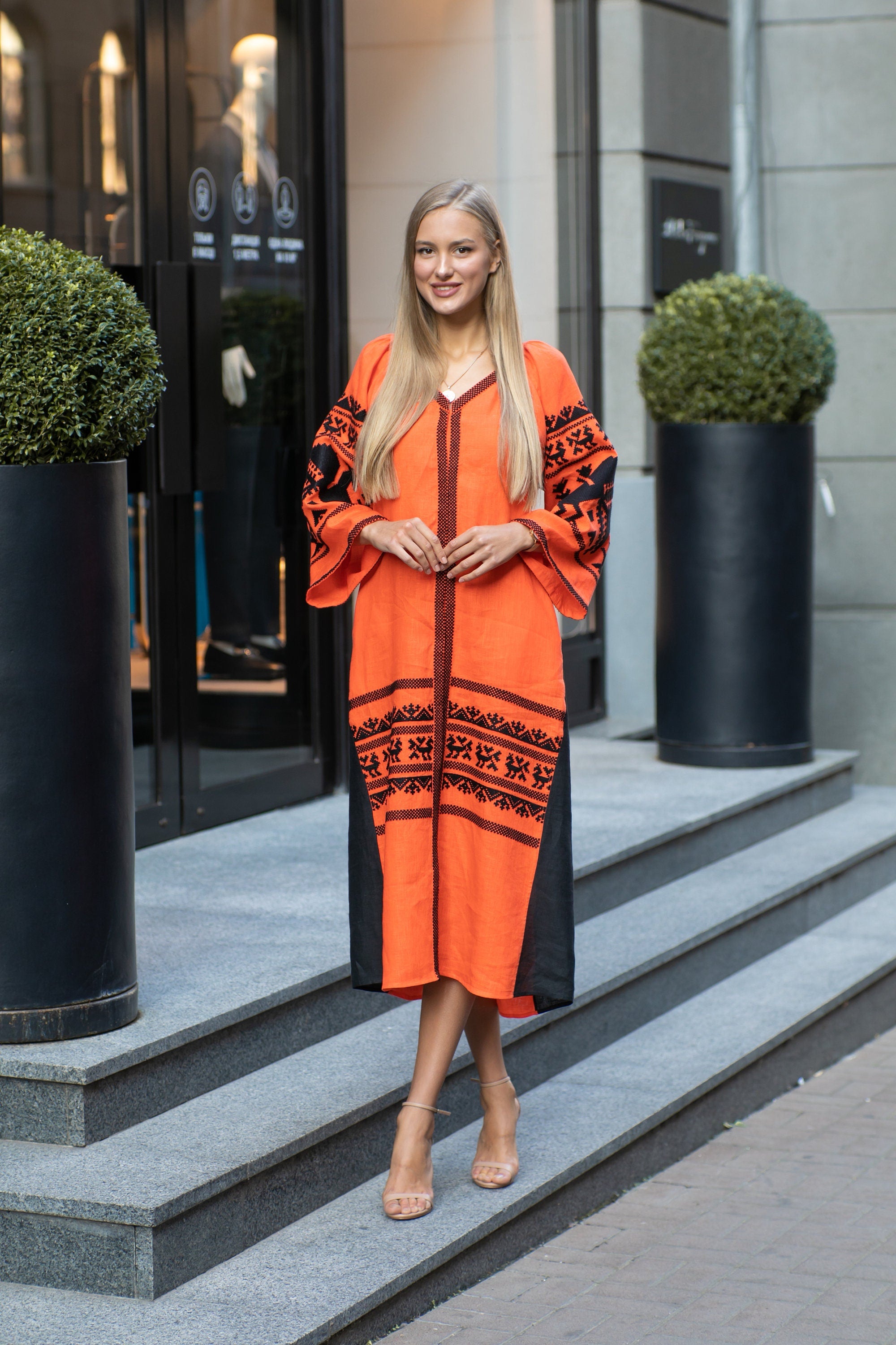 Orange Vyshyvanka Dress - Ukrainian Embroidered Linen for Women
