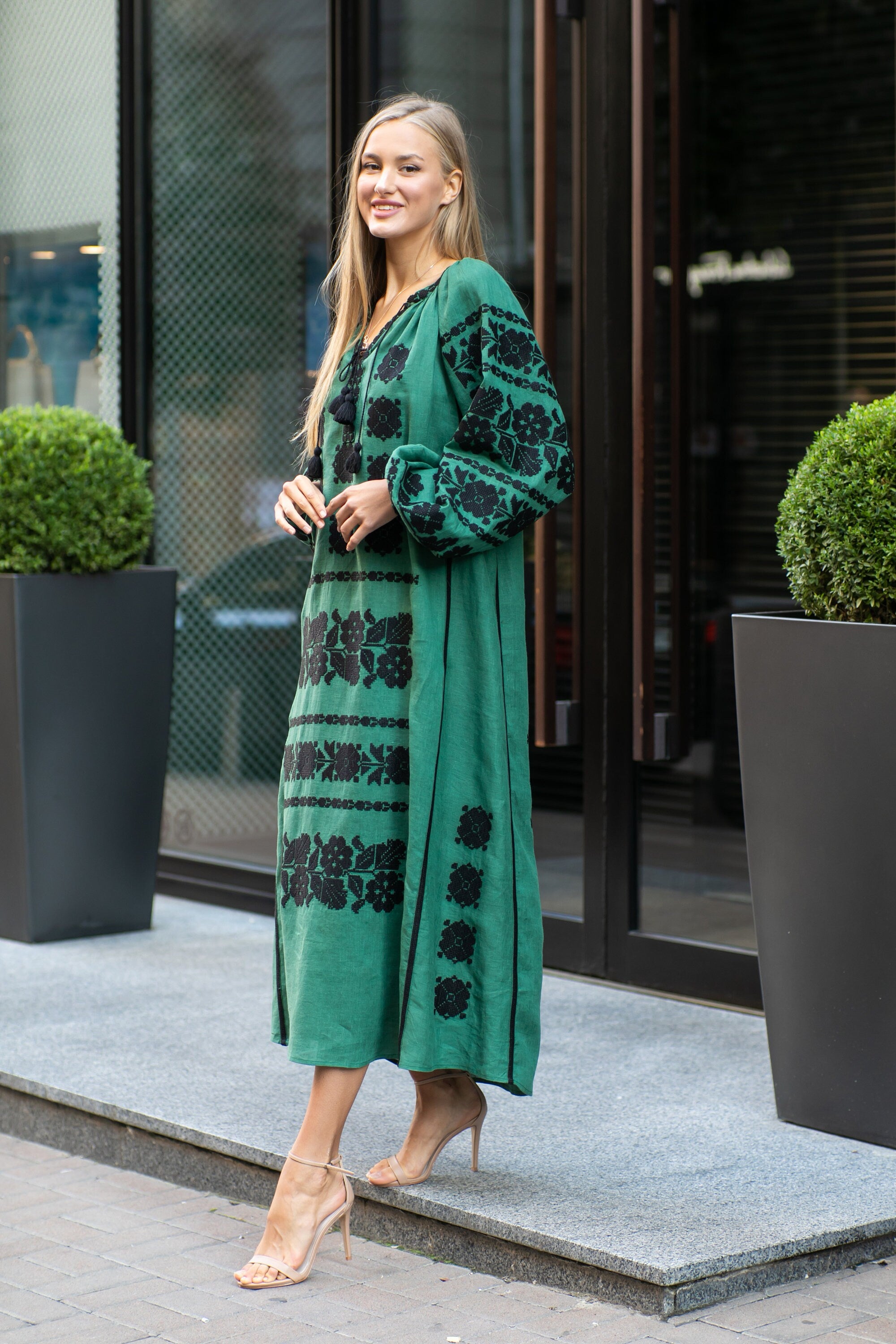 Green Embroidered Linen Vyshyvanka Dress - Ukrainian Folk Style for Women