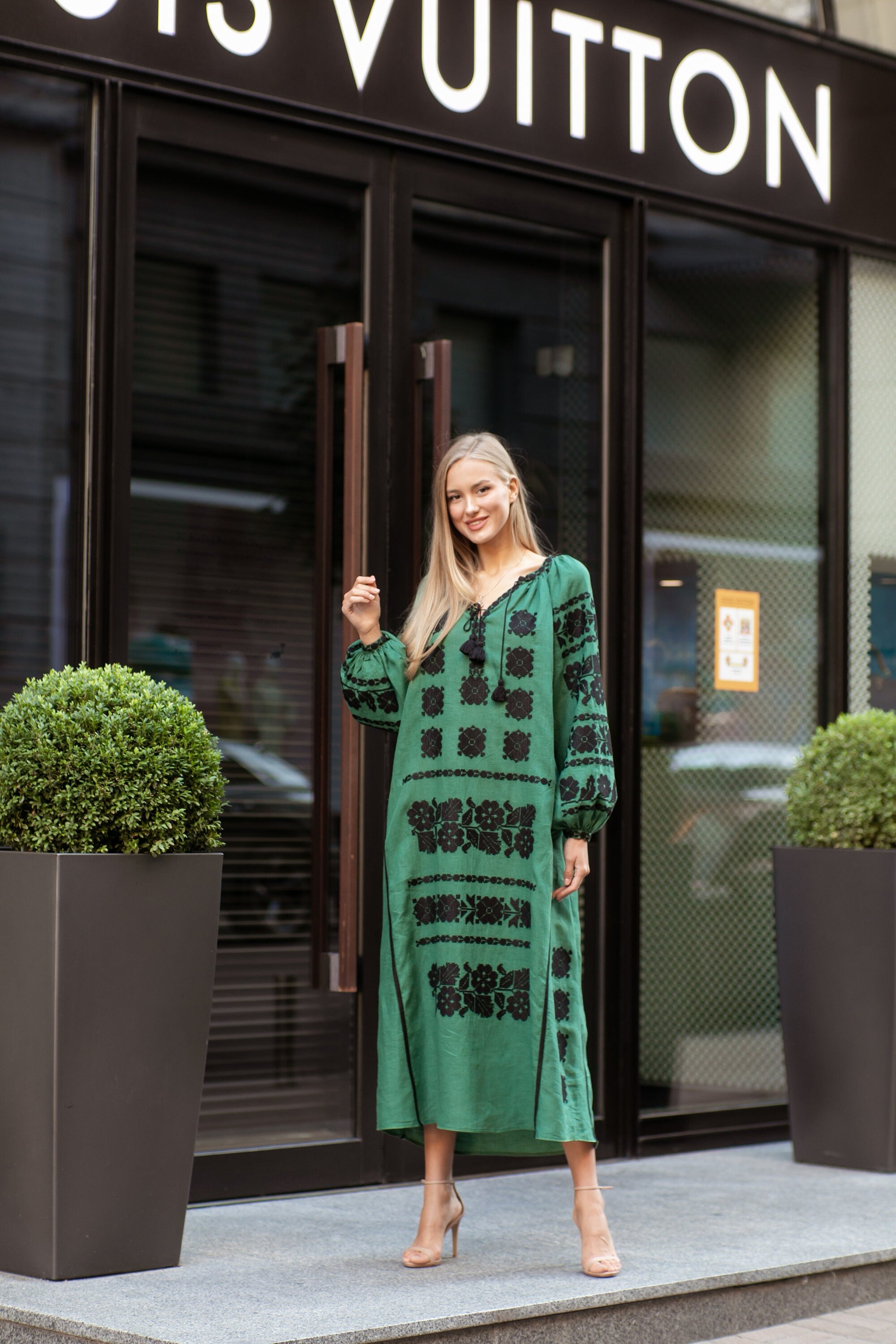 Green Embroidered Linen Vyshyvanka Dress - Ukrainian Folk Style for Women