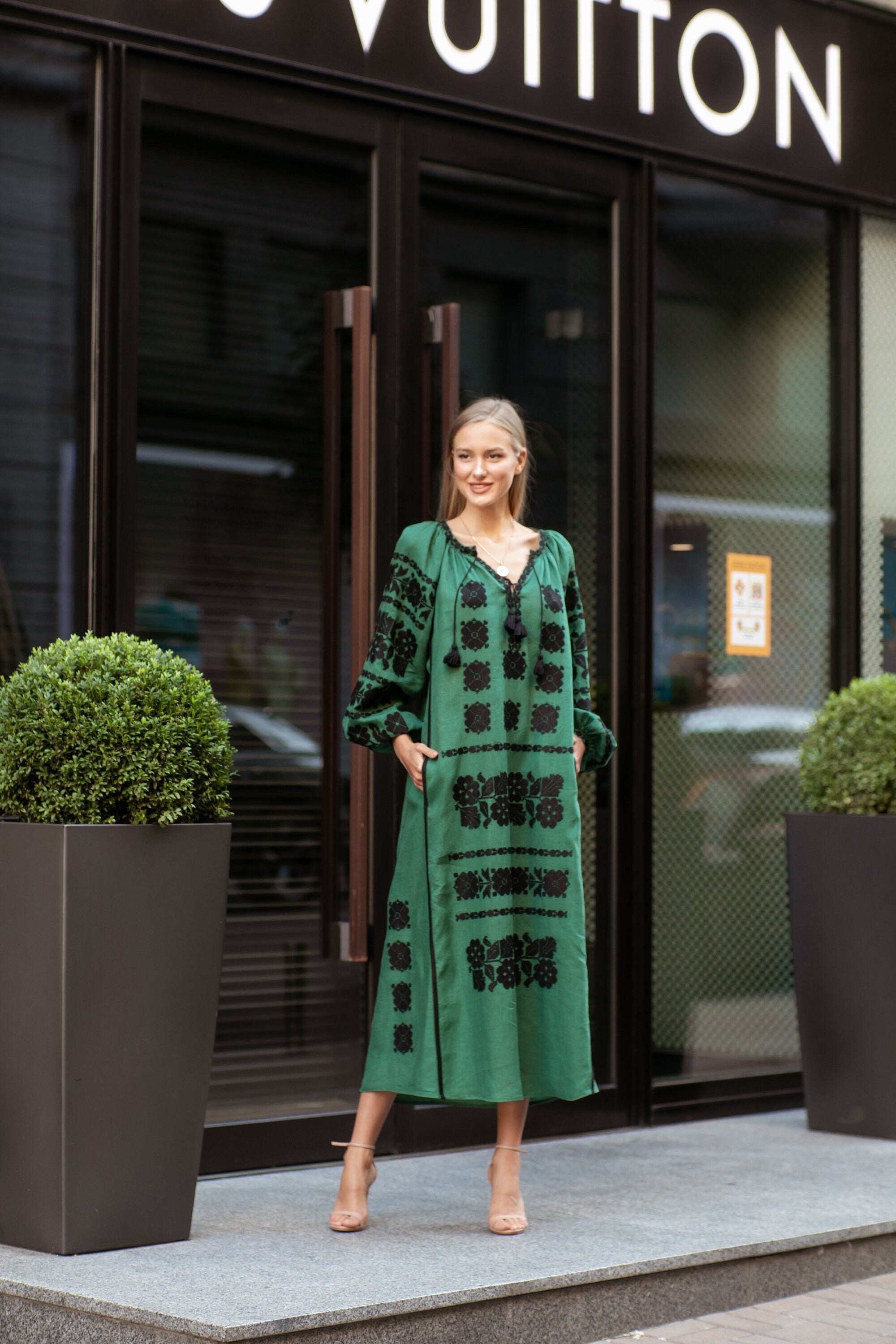 Green Embroidered Linen Vyshyvanka Dress - Ukrainian Folk Style for Women