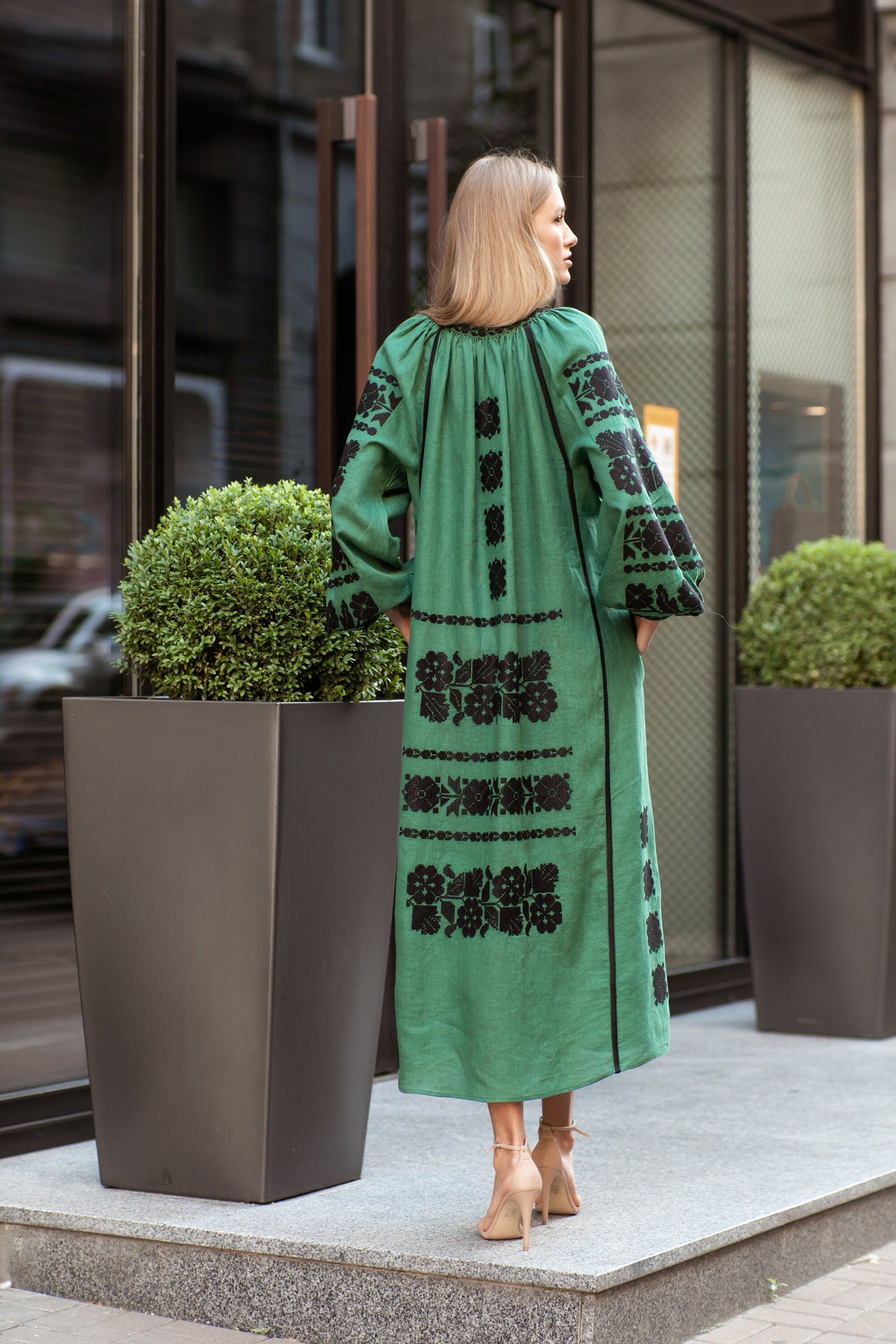 Green Embroidered Linen Vyshyvanka Dress - Ukrainian Folk Style for Women