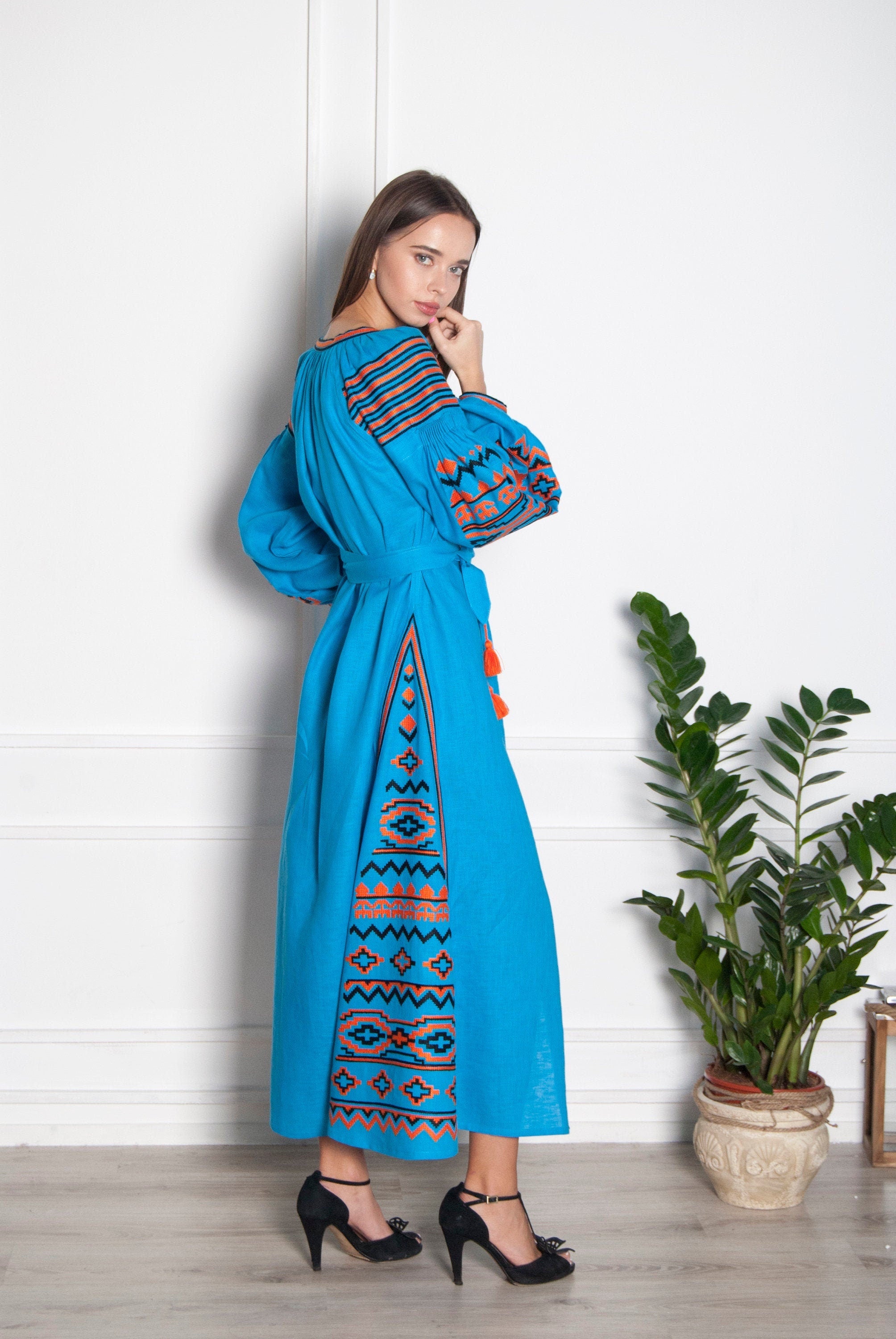 Embroidered Blue Linen Ukrainian Vyshyvanka Dress - Boho Style for Women