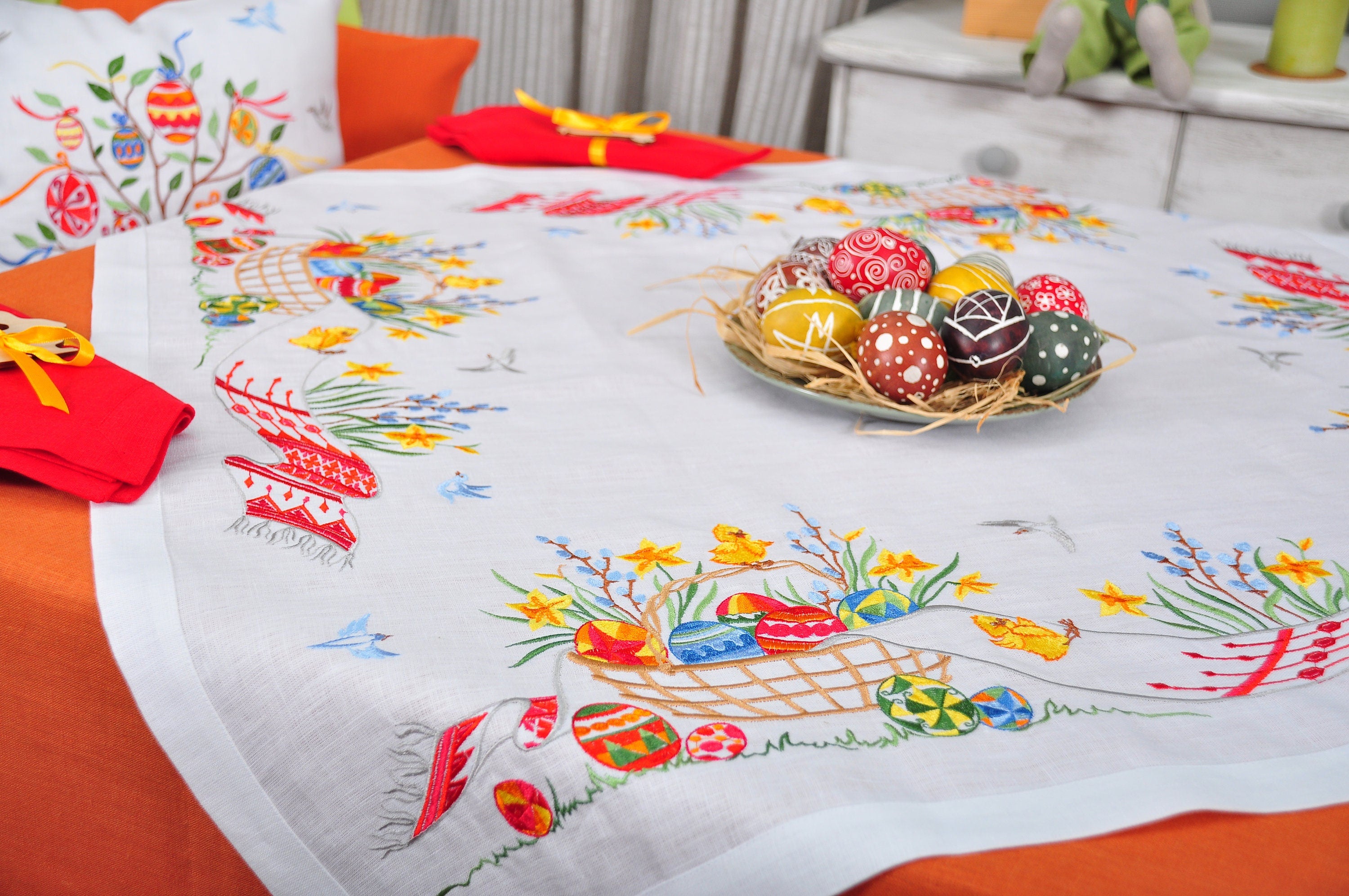 White Ukrainian Embroidered Easter Tablecloth