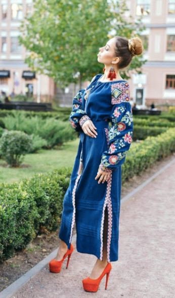 Blue Linen Ukrainian Vyshyvanka Dress - Embroidered Women's Dress