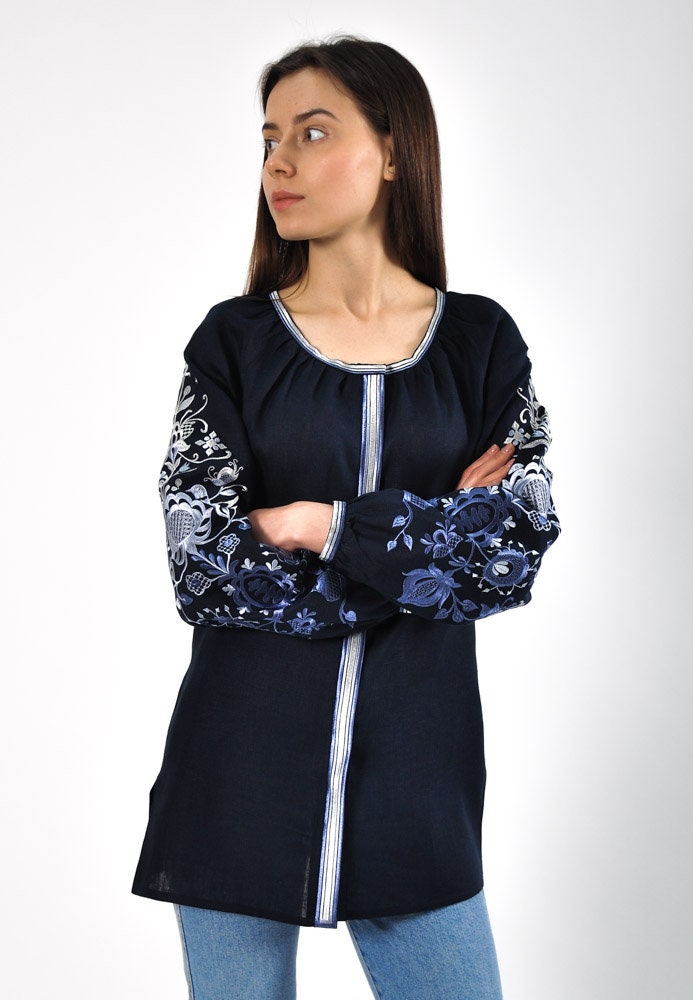 Blue Linen Embroidered "Tree of Life" Ukrainian Vyshyvanka Tunic Blouse