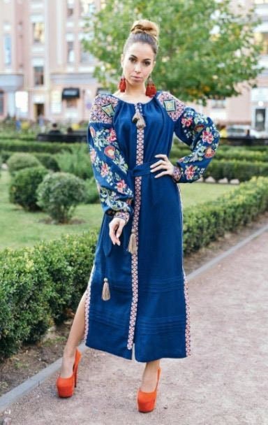 Blue Linen Ukrainian Vyshyvanka Dress - Embroidered Women's Dress