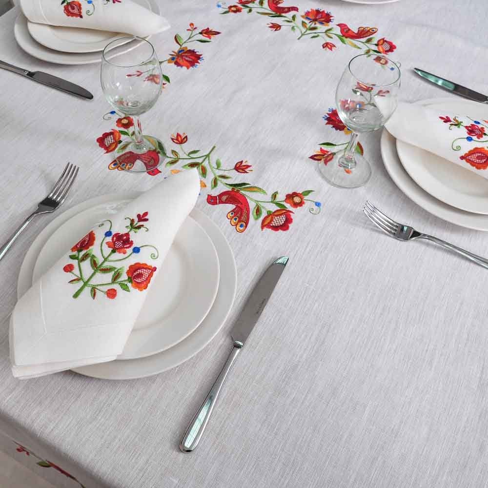 Tree of Life Linen Embroidered Tablecloth Set 180x150 cm for 4-6 Persons with 4 Napkins 40x40 cm