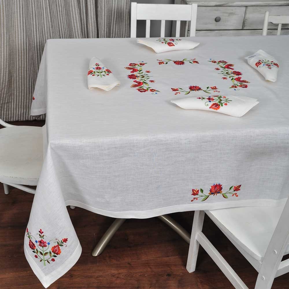 Tree of Life Linen Embroidered Tablecloth Set 180x150 cm for 4-6 Persons with 4 Napkins 40x40 cm