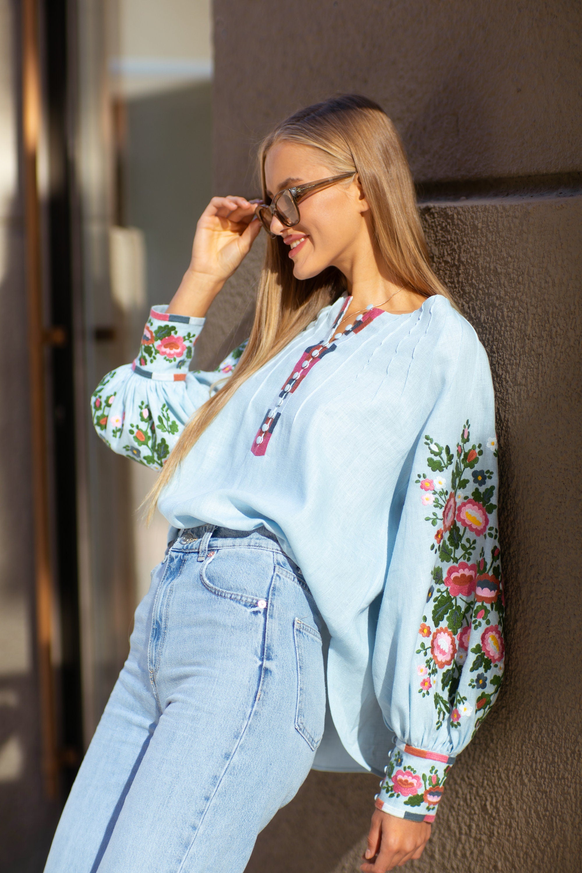 Blue Linen Vyshyvanka Blouse - Limited Collection Ukrainian Embroidered Boho Top