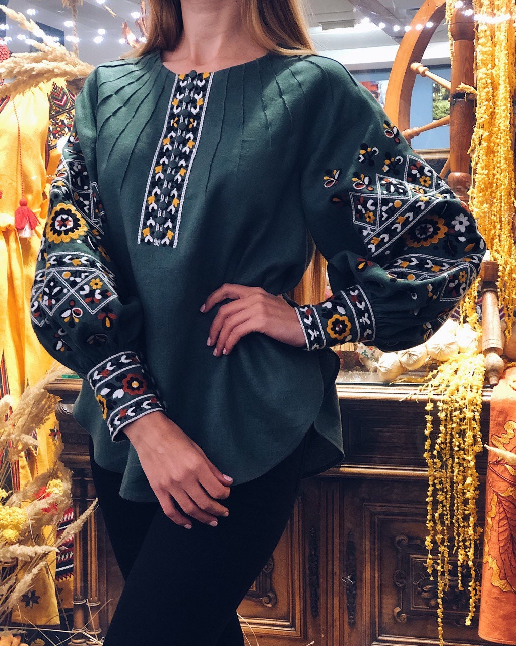 Ukrainian Vyshyvanka Green Embroidered Linen Blouse - Boho Women's Shirt
